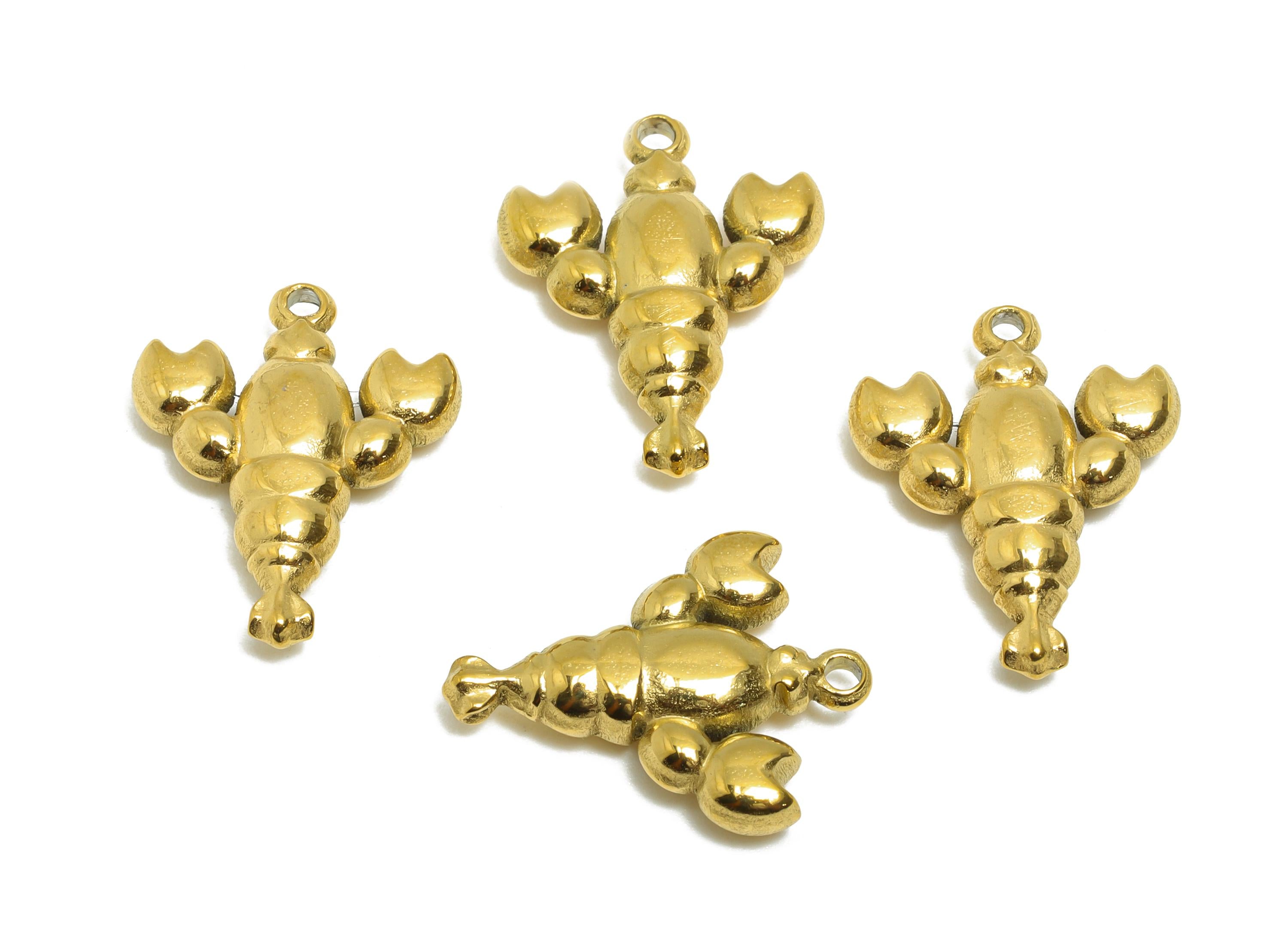 Gold Steel Lobster Charms - Cute Marine Life Pendant - Ocean Animal Jewelry Component - 24K Real Vacuum Plated - 17.6x13.8x3.06mm - SS2750 - DOMEDBAZAAR