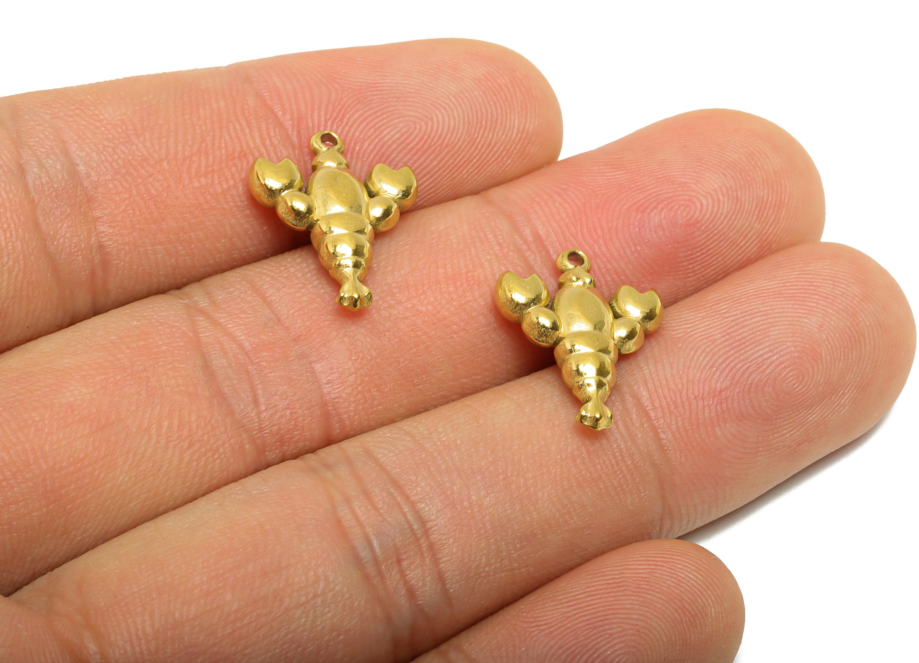 Gold Steel Lobster Charms - Cute Marine Life Pendant - Ocean Animal Jewelry Component - 24K Real Vacuum Plated - 17.6x13.8x3.06mm - SS2750 - DOMEDBAZAAR