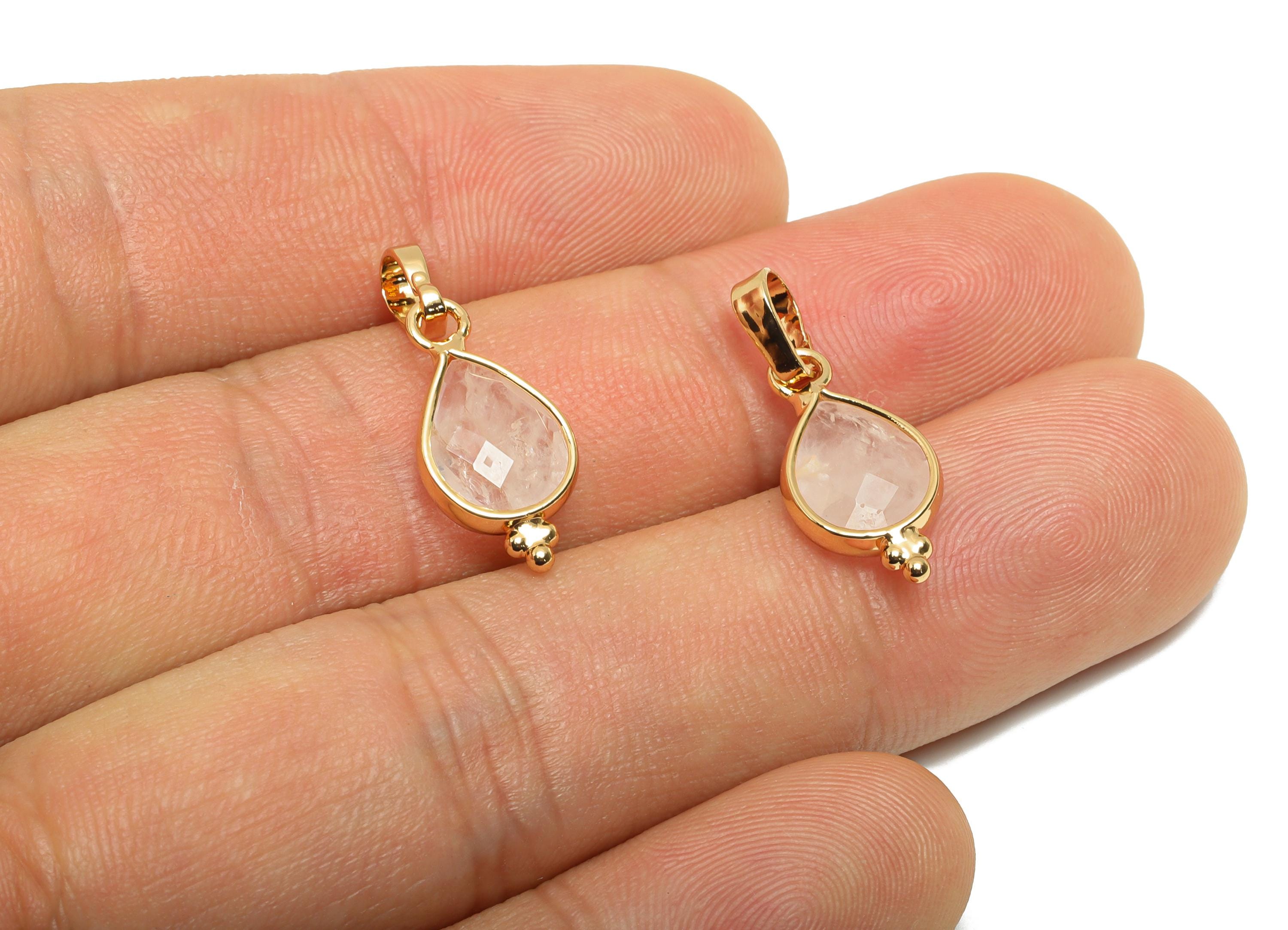 Brass Teardrop Stone Pendant - White Crystal Charm - Sparkling Faceted Gemstone - Handmade Jewelry - Gold Tone Plating - 20x9x4mm - NS3111 - DOMEDBAZAAR