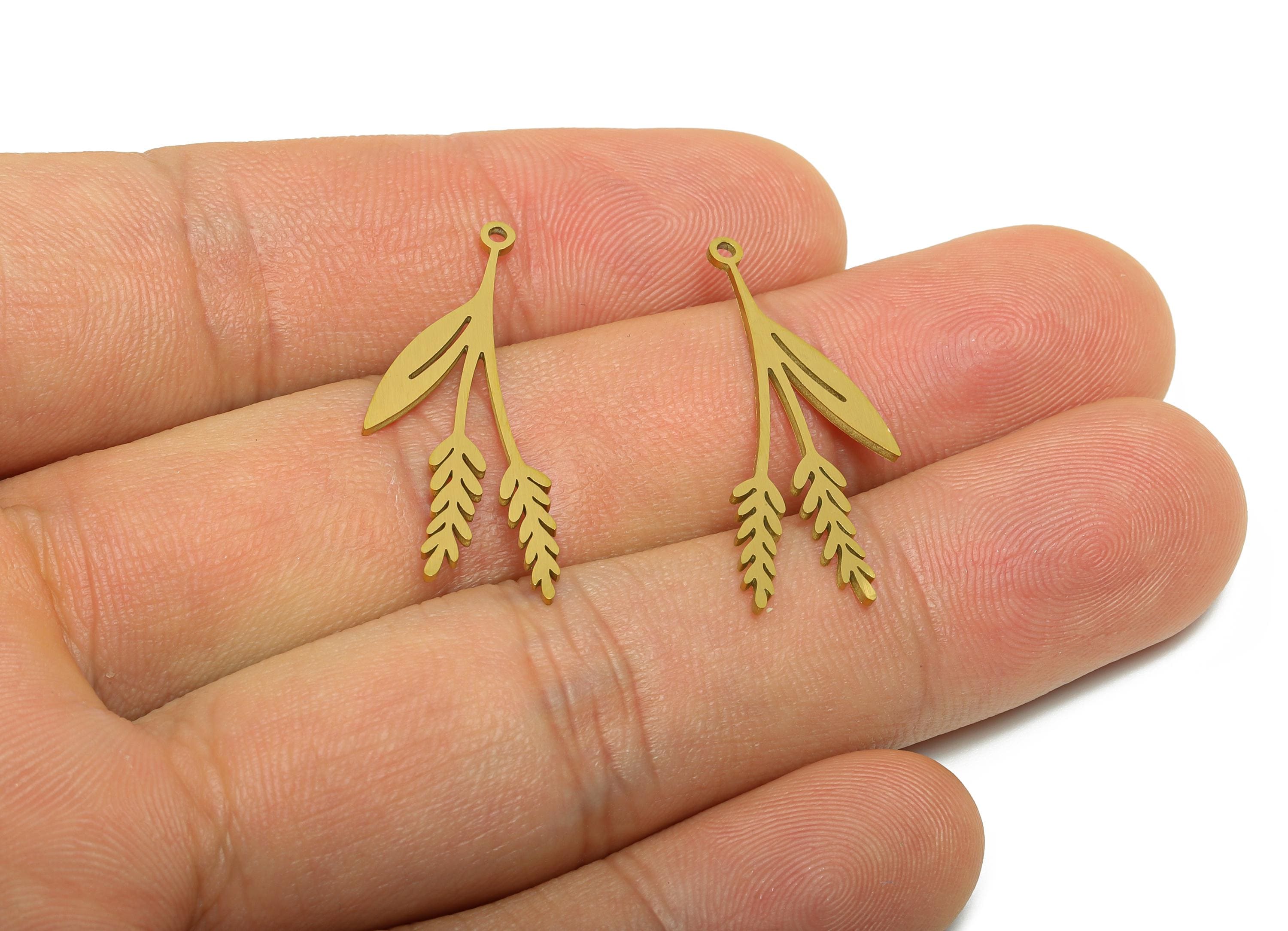 Steel Gold Wheat Leaf Charms - Geometric Botanical Charm - Nature Plant Charm for Necklace - Real Vacuum Plated - 29.9x11.4x0.9mm - SS2763 - DOMEDBAZAAR