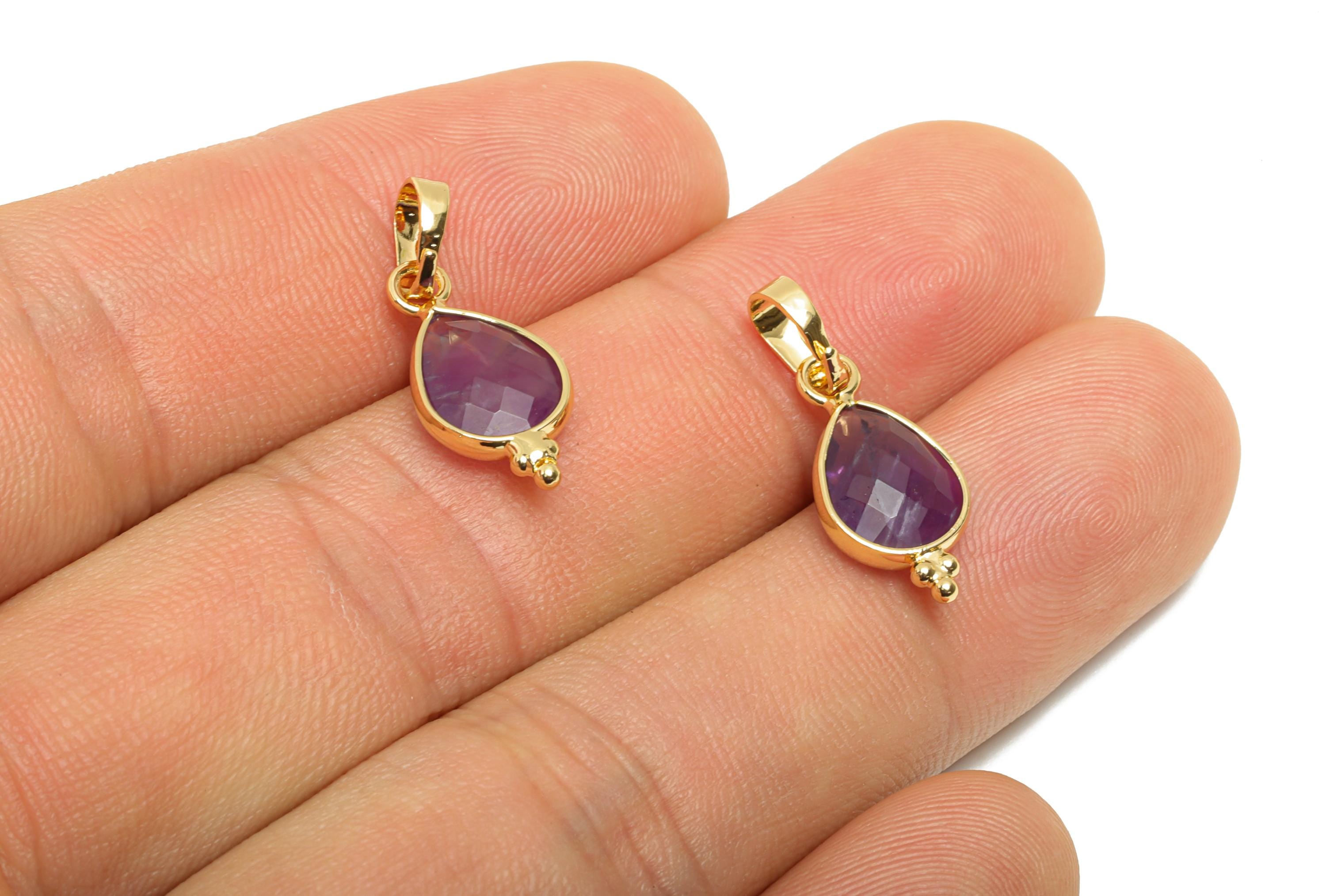 Brass Teardrop Amethyst Stone Pendant - Nature Stone - Vintage Faceted Stone - Handmade Jewelry - Gold Tone Plating - 22x8x3mm -NS3113 - DOMEDBAZAAR
