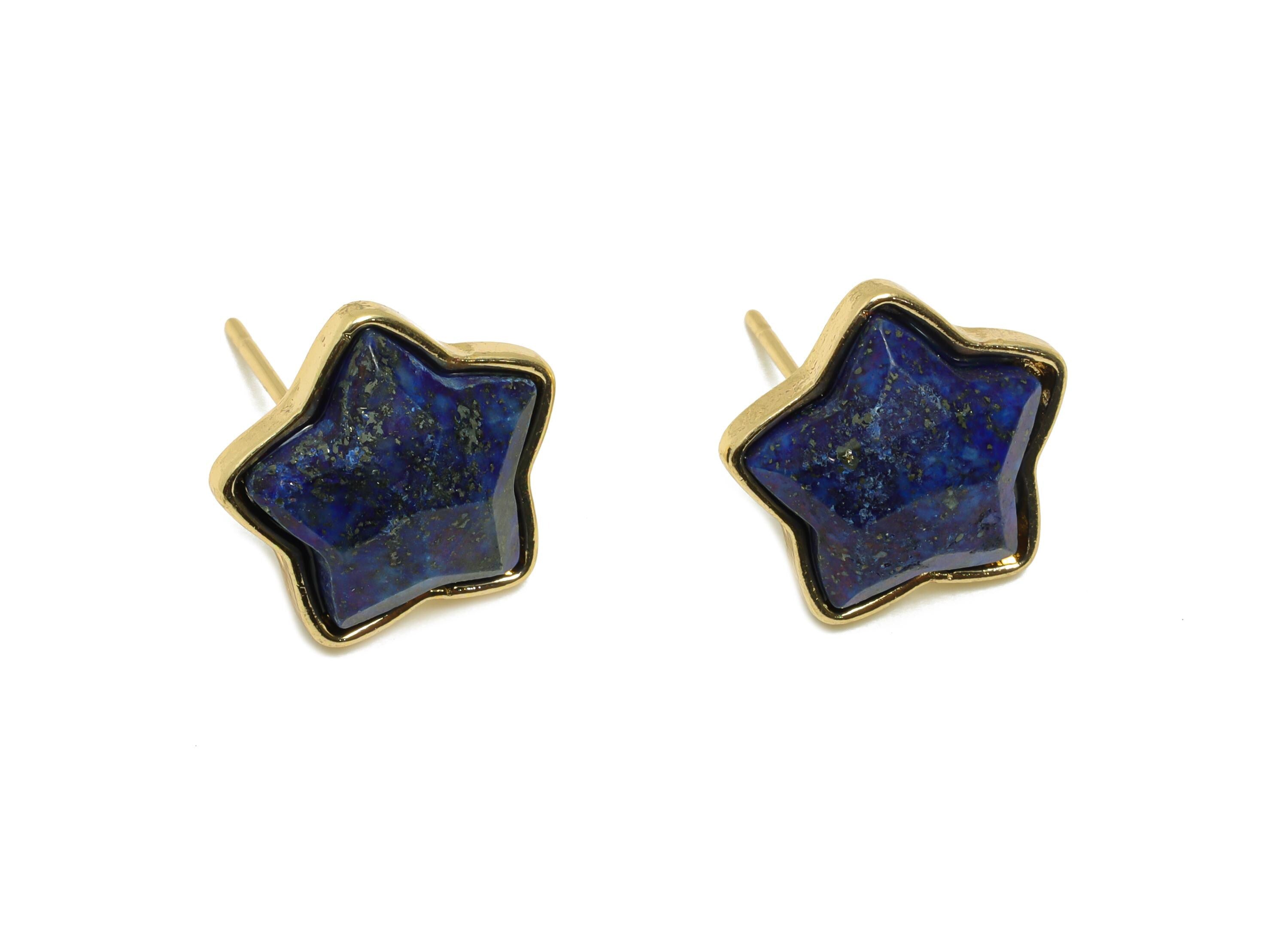 Alloy Lapis lazuli Star Earring Stud - Nature Stone Earring - Vintage Faceted Gemstone Earring Stud - Gold Tone Plating - 14x13x5mm-NS3116 - DOMEDBAZAAR