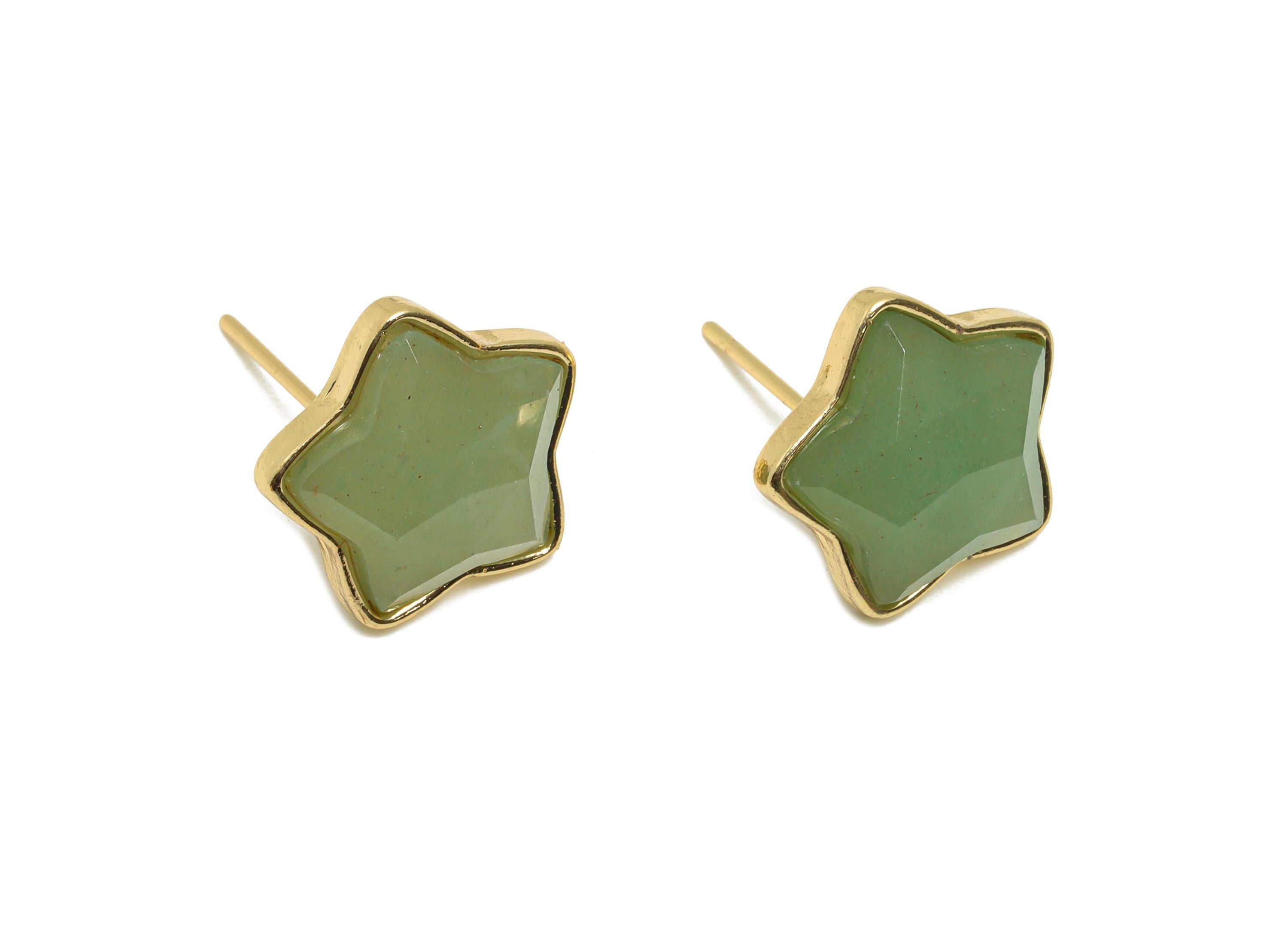 Alloy Green Aventurine Star Earring Stud - Nature Stone Earring - Vintage Faceted Gemstone Earring Stud - Gold Tone Plating-14x13x5mm-NS3117 - DOMEDBAZAAR