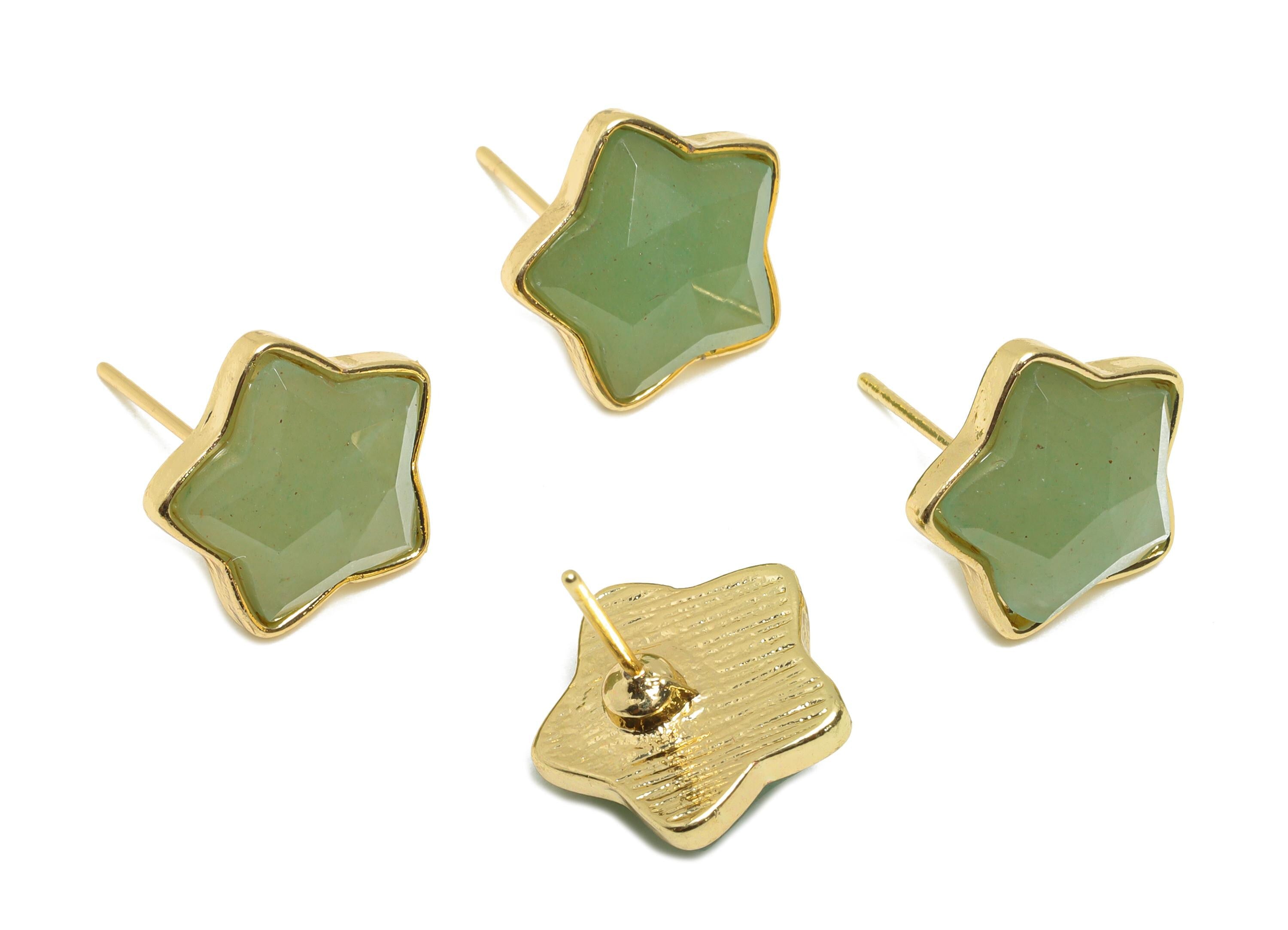 Alloy Green Aventurine Star Earring Stud - Nature Stone Earring - Vintage Faceted Gemstone Earring Stud - Gold Tone Plating-14x13x5mm-NS3117 - DOMEDBAZAAR