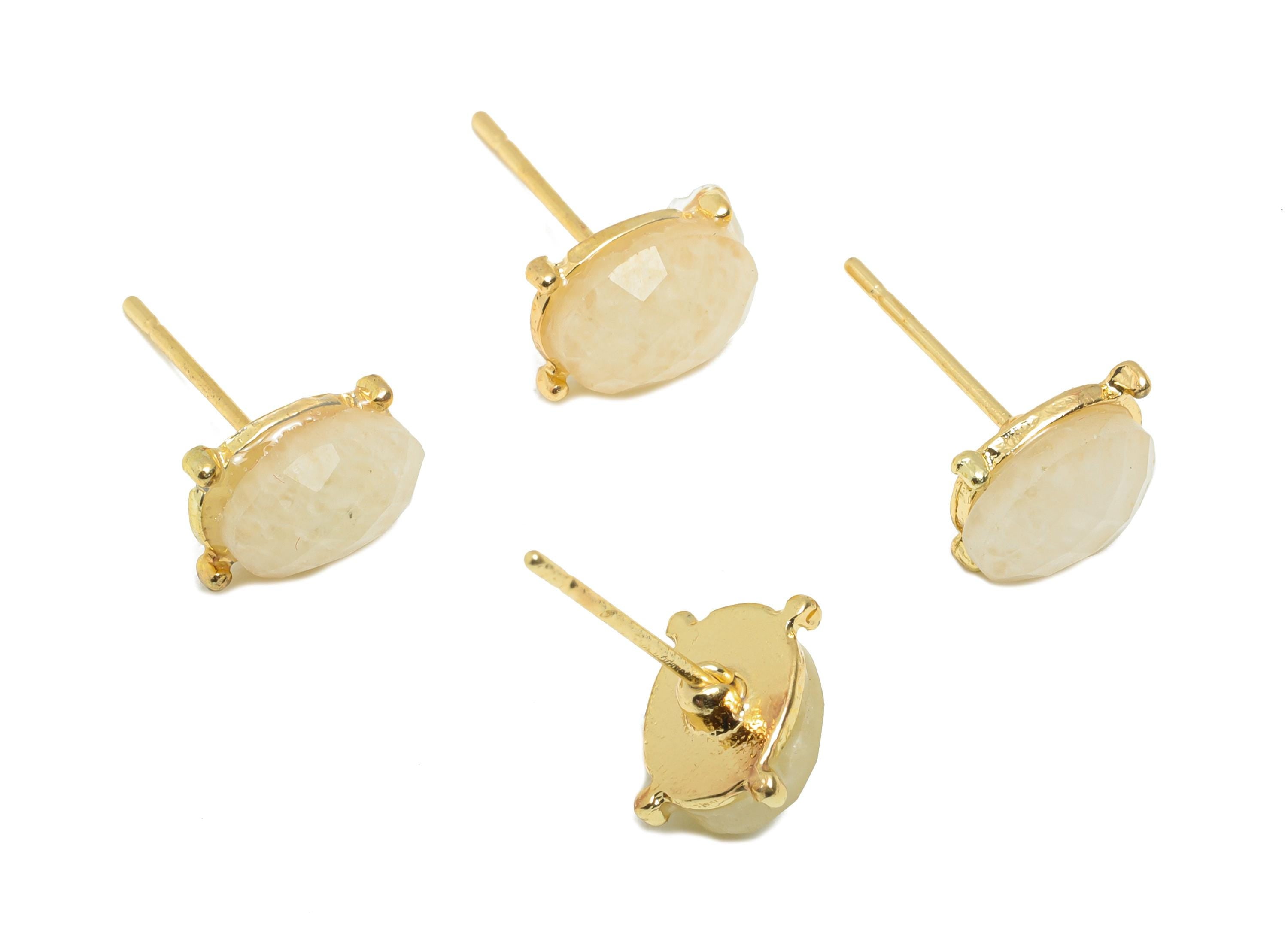 Alloy Moonstone Oval Earring Stud - Nature Stone Earring - Vintage Faceted Gemstone Earring Stud - Gold Tone Plating - 8.4x6.6x4mm - NS3118 - DOMEDBAZAAR