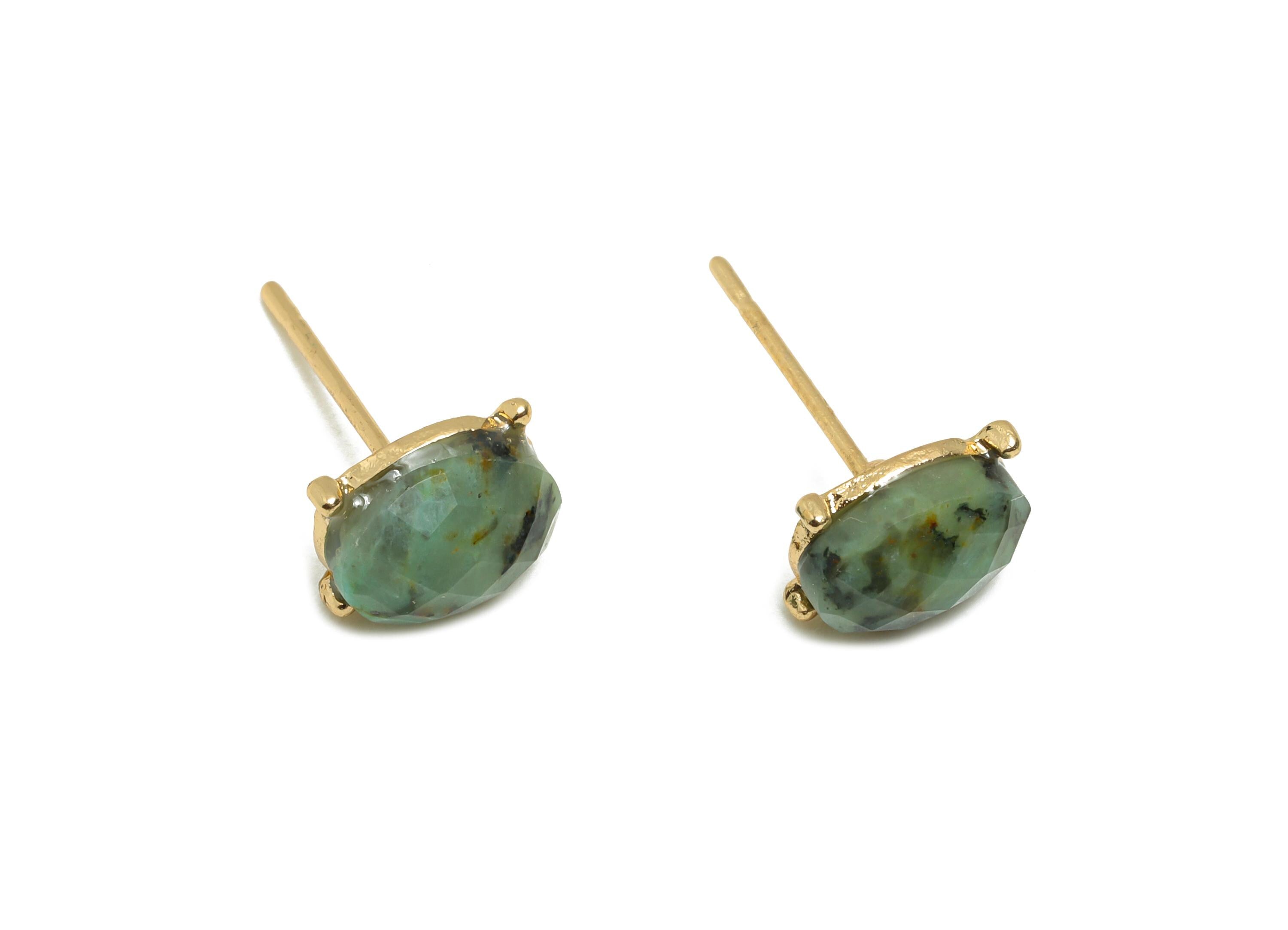 Alloy African Turquoise Oval Earring Stud - Nature Stone Earring - Vintage Faceted Gemstone Post - Gold Tone Plating - 8.4x6.6x4mm - NS3119 - DOMEDBAZAAR