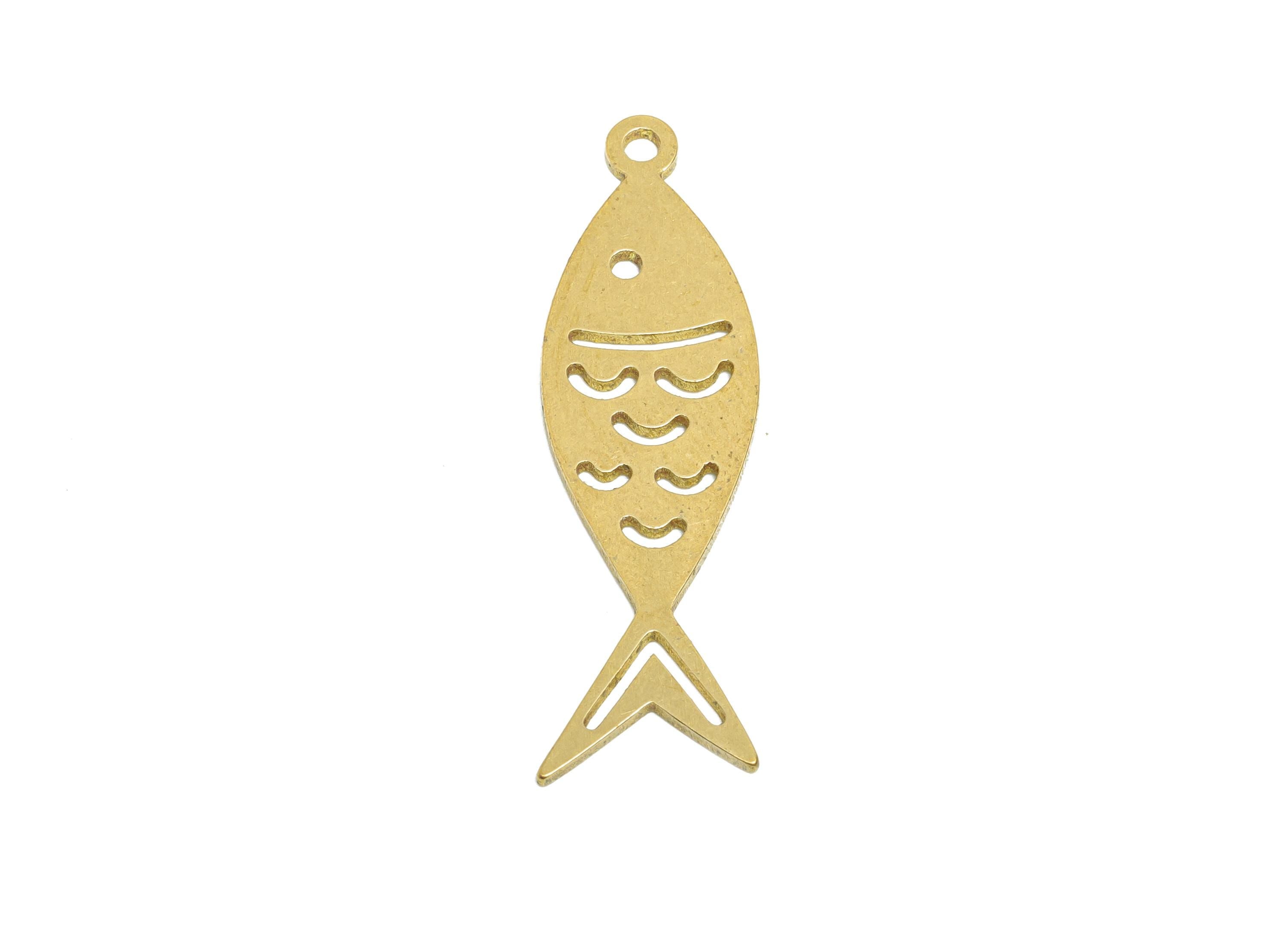 Brass Fish Earring Charm - Raw Brass Hollow Marine Life Pendant - Geometric Fish Design Charm - Jewelry Supplies - 32x9.5x0.8mm - PP11496 - DOMEDBAZAAR