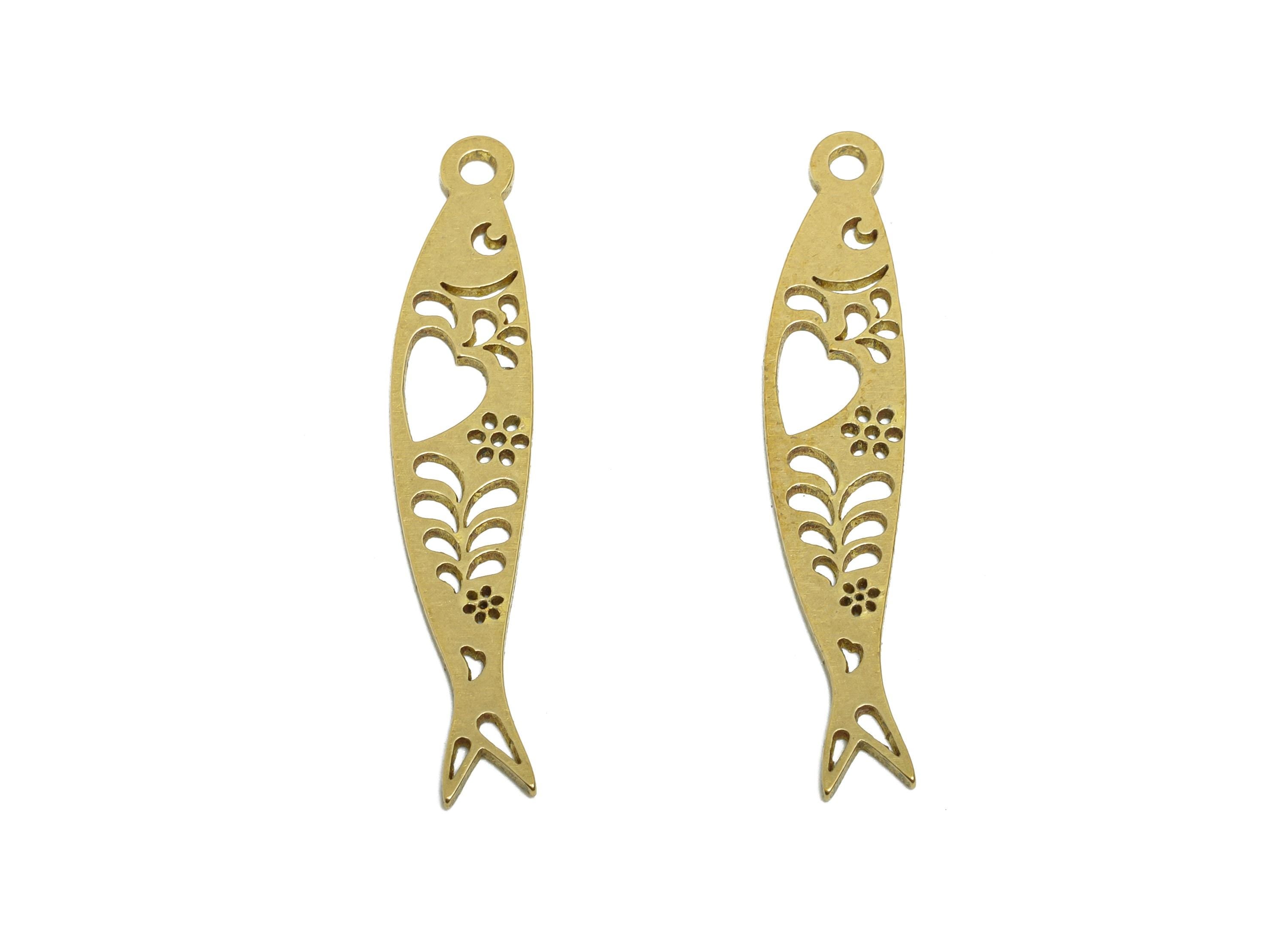 Raw Brass Fish Earring Charm - Hollow Heart Leaf Marine Life Pendant - Geometric Fish Design Charm - DIY Jewelry - 31.68x6x0.9mm - PP11499 - DOMEDBAZAAR