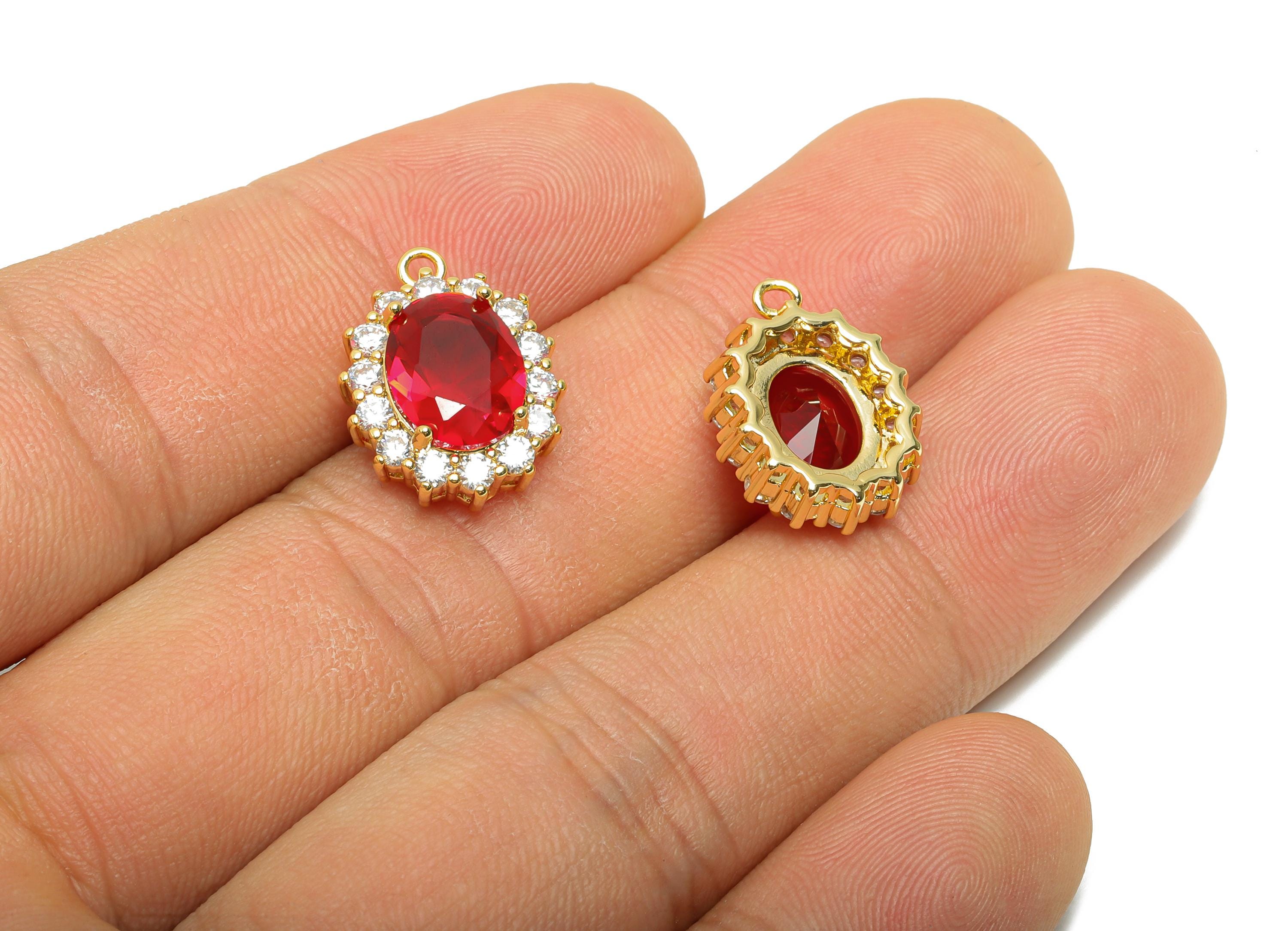 Brass Red Gemstone Pendant - Vintage Rhinestone Pendant - Red Zircon Luxury Look Jewelry Part - 18K Real Gold Plating - 16x12x5mm - RGP11091 - DOMEDBAZAAR