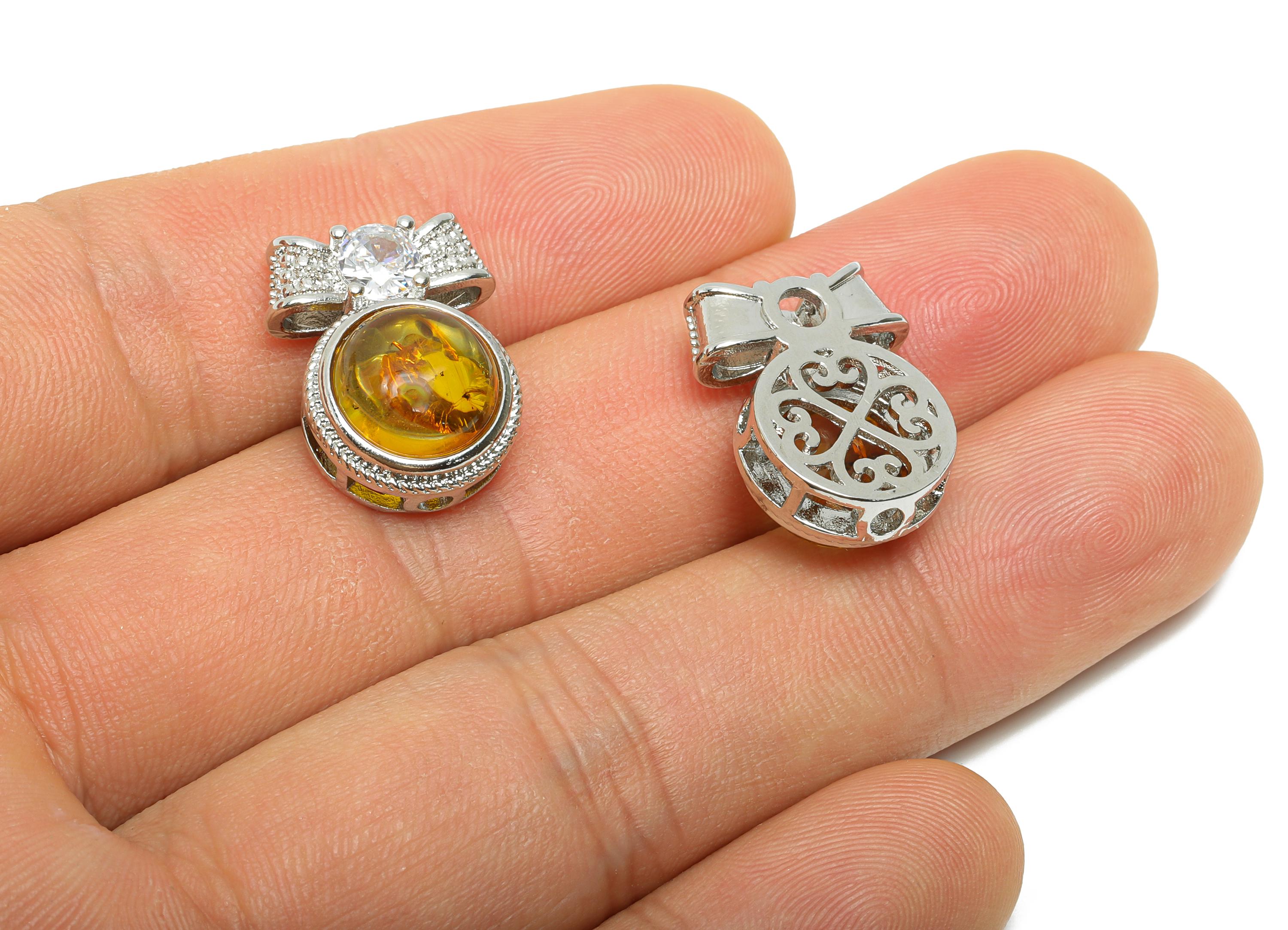 Brass Bow Pendant - Dainty Opal Necklace Pendant - Ornate Jewelry Component for Bracelet - White K Plated Brass - 19x14.5x8.6mm - PP11485 - DOMEDBAZAAR