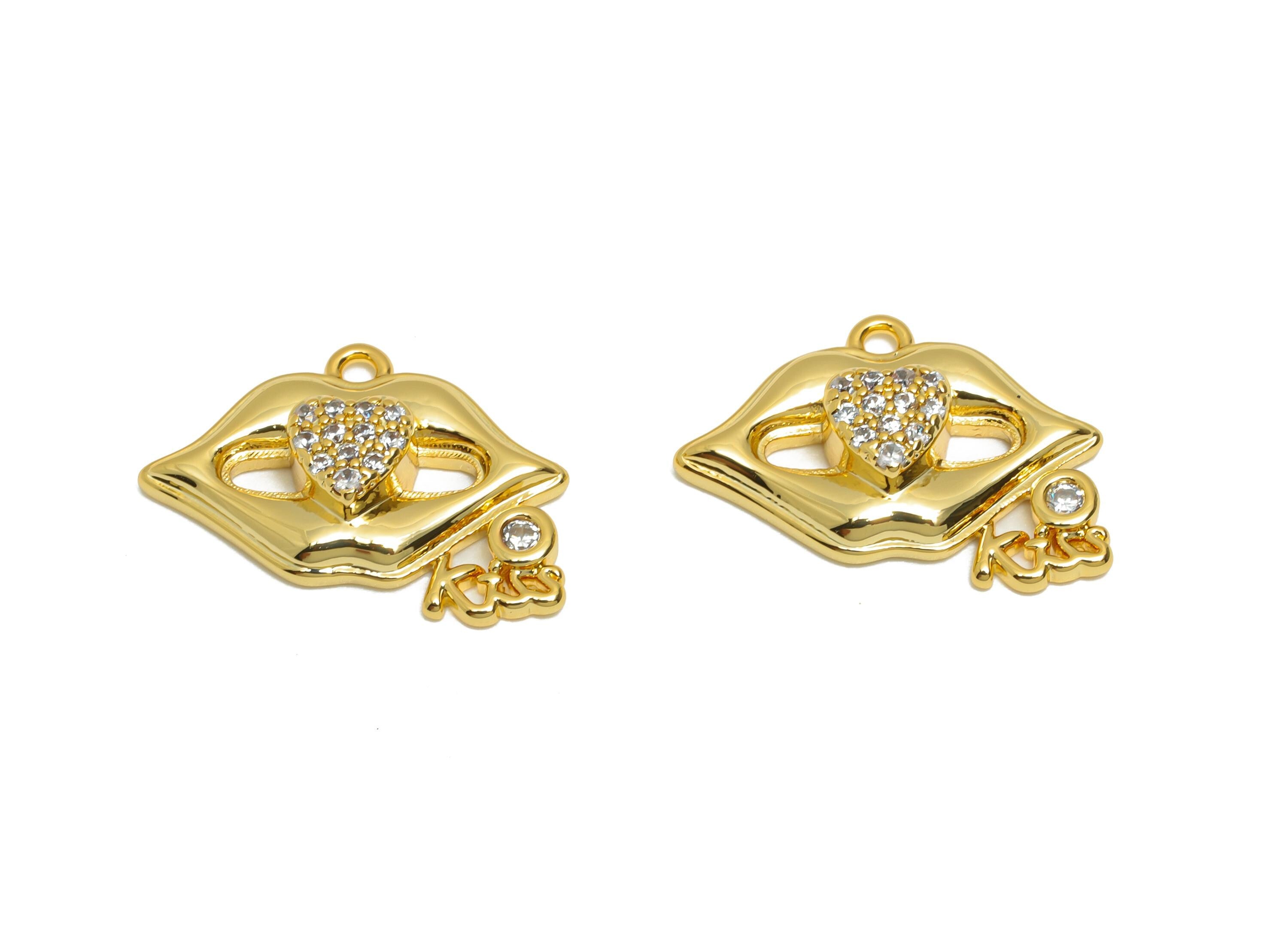 Brass CZ Gold Lips Pendant - Sparkly Fashion Jewelry Part - Zircon Valentine Jewelry Supply - 18K Real Gold Plating - 17x11 x4mm - RGP11086 - DOMEDBAZAAR