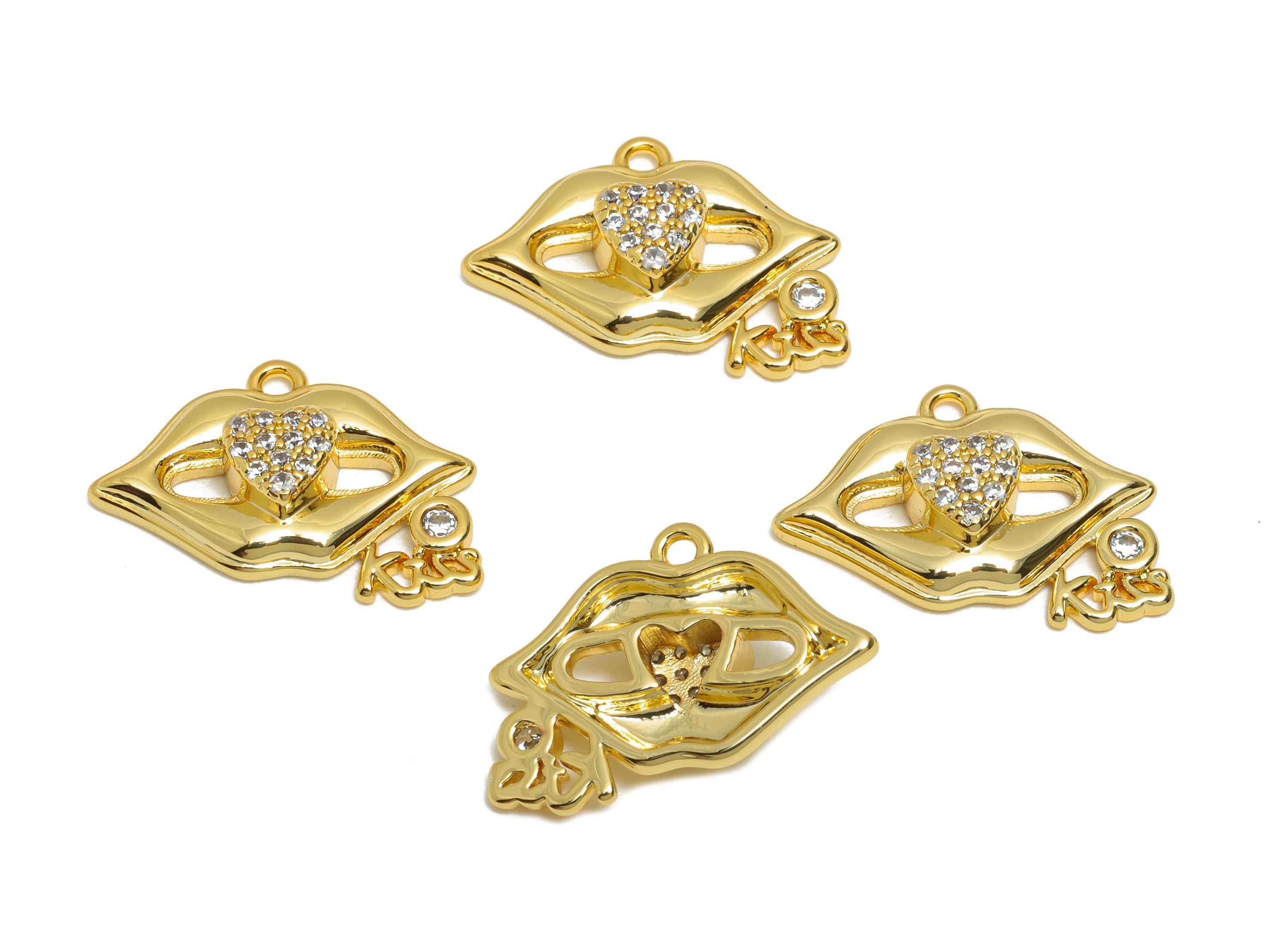 Brass CZ Gold Lips Pendant - Sparkly Fashion Jewelry Part - Zircon Valentine Jewelry Supply - 18K Real Gold Plating - 17x11 x4mm - RGP11086 - DOMEDBAZAAR