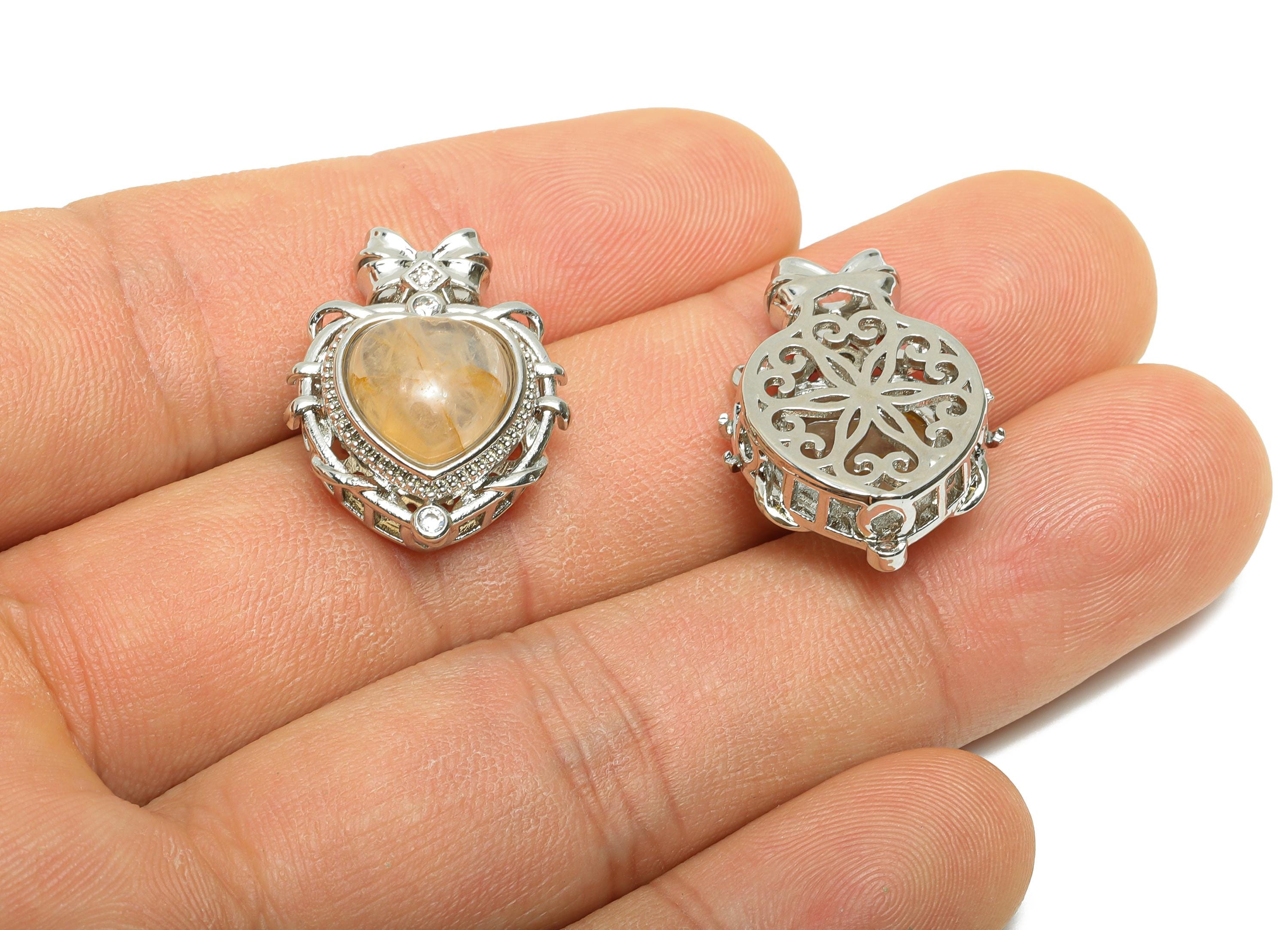 Brass Heart Bow Pendant - Romantic Hematoid Quartz Necklace Pendant - Ornate Jewelry Component - White K Plated - 23x17.8x10.8mm - PP11482 - DOMEDBAZAAR