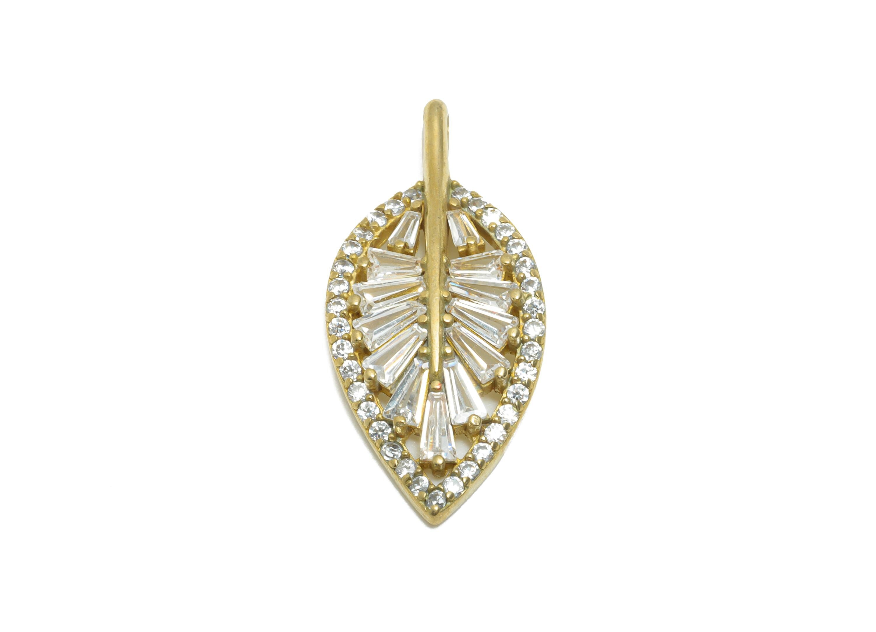 Brass CZ Leaf Pendant - Sparkly Fashion Jewelry Part - Zircon Luxe Charm For Jewelry Making - Radiant Leaf Design - 26x12x3.5mm - PP11466 - DOMEDBAZAAR