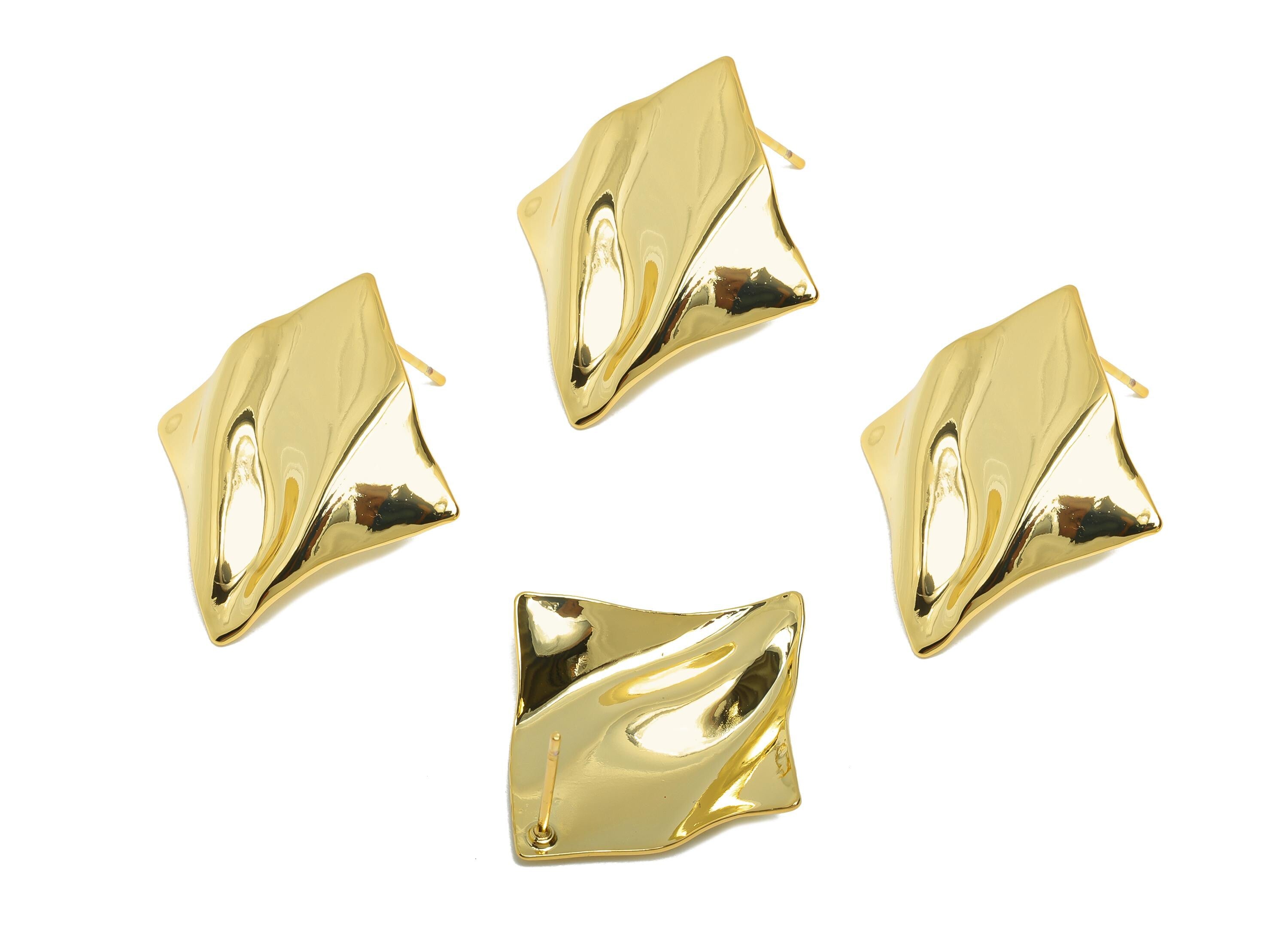 Brass Abstract Earring Stud - Trendy Gold Geometric Post - Artistic Folded Metal Look Earring - 18K Gold Plated - 27.9x25x0.66mm - RGP11101 - DOMEDBAZAAR