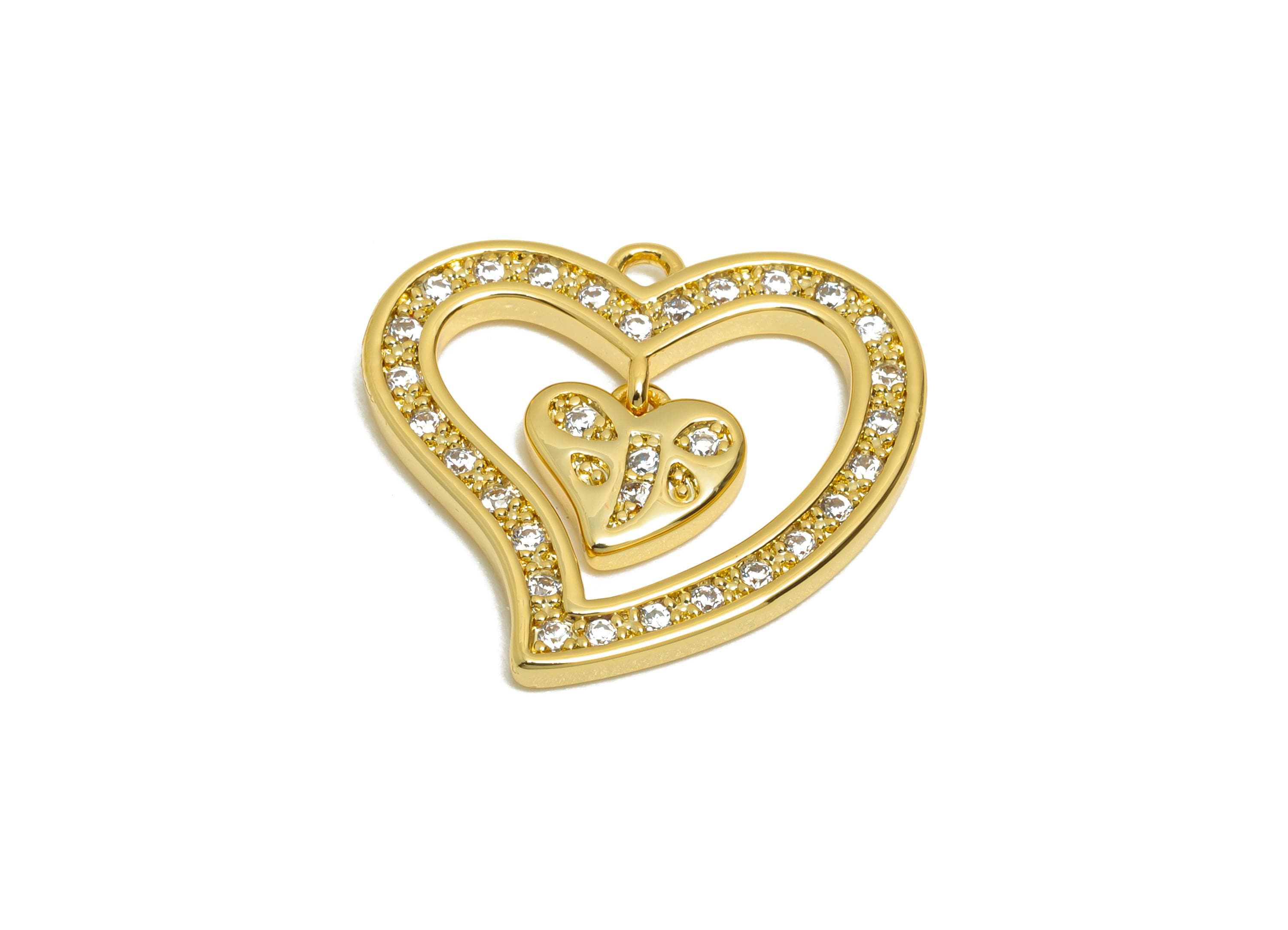 Brass CZ Heart Pendant - Rhinestone Dangle Charm - Cubic Zircon Romantic Jewelry Supply - 18K Real Gold Plating - 18x16x2mm - RGP11089 - DOMEDBAZAAR