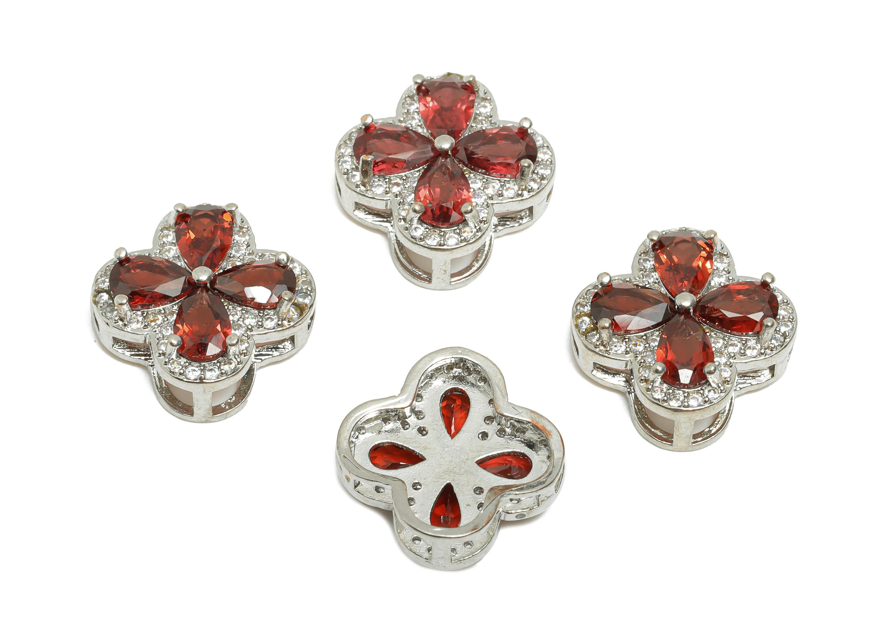 Brass Garnet Flower Charms - Vintage Four Leaf Clover Charm - Shinny Flower Pendant - DIY Craft Making - White K Plated - 15x15x5mm-PP11479 - DOMEDBAZAAR