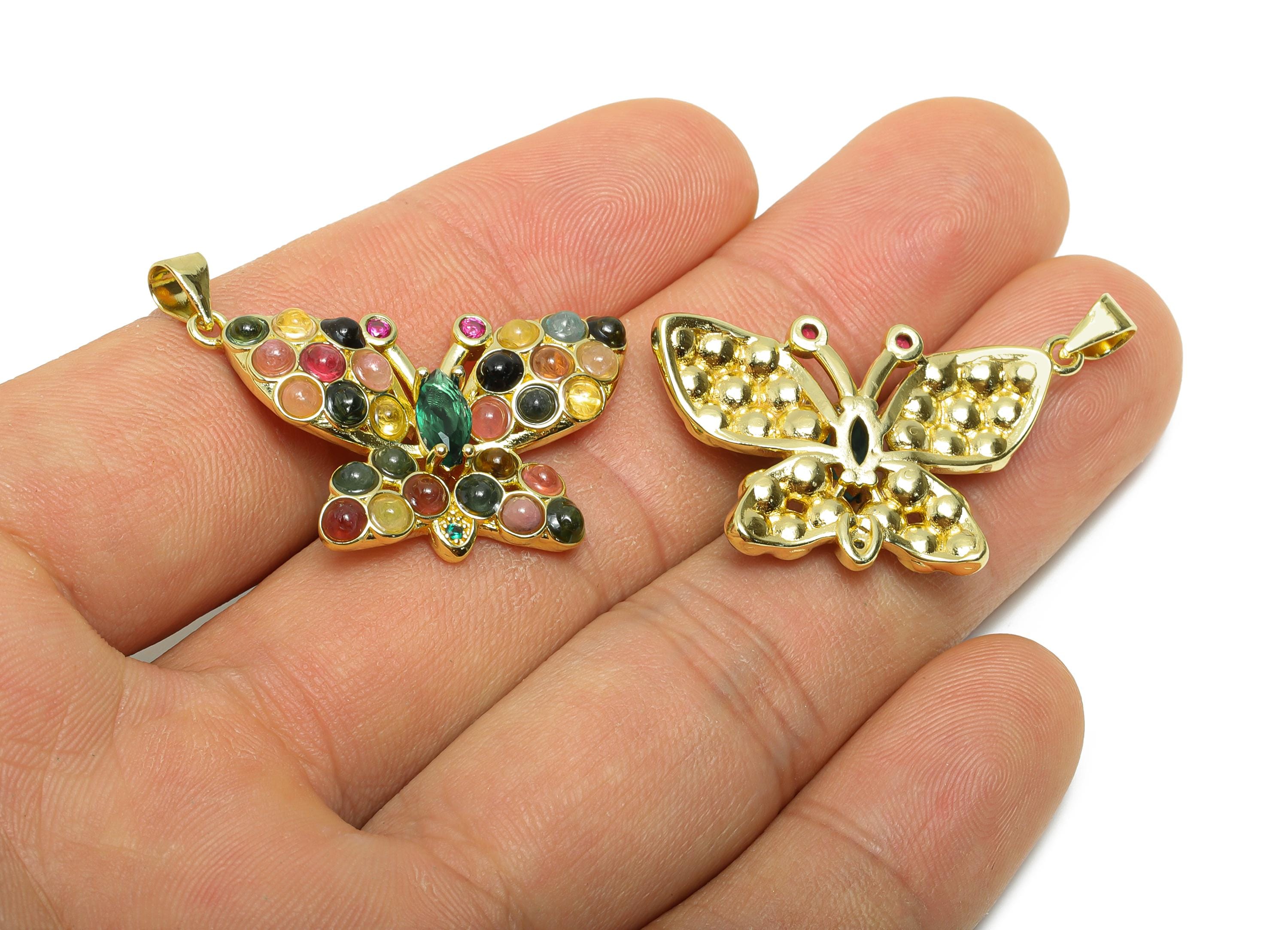 Brass Tourmaline Butterfly Pendant - Marquise Zircon Butterfly Necklace Pendant - Jewelry Making - KC Gold Plated - 36.6x20x4mm - PP11476 - DOMEDBAZAAR