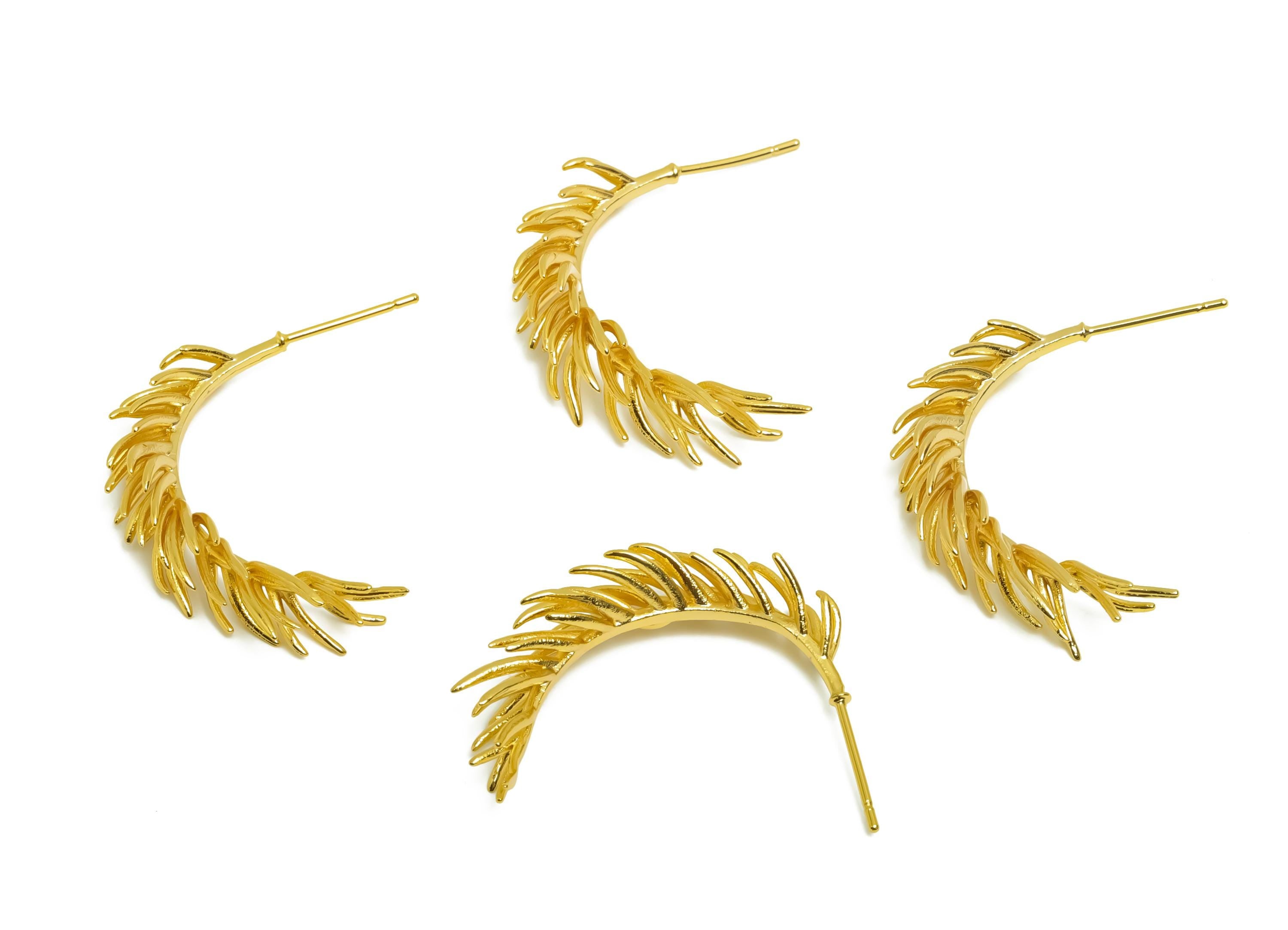 Brass Branch Earring Stud - Dainty Botanical Earring Post - Gold Woman's Daily Wear Ear - 18K Real Gold Plated - 31x6x3.87mm- RGP8673 - DOMEDBAZAAR