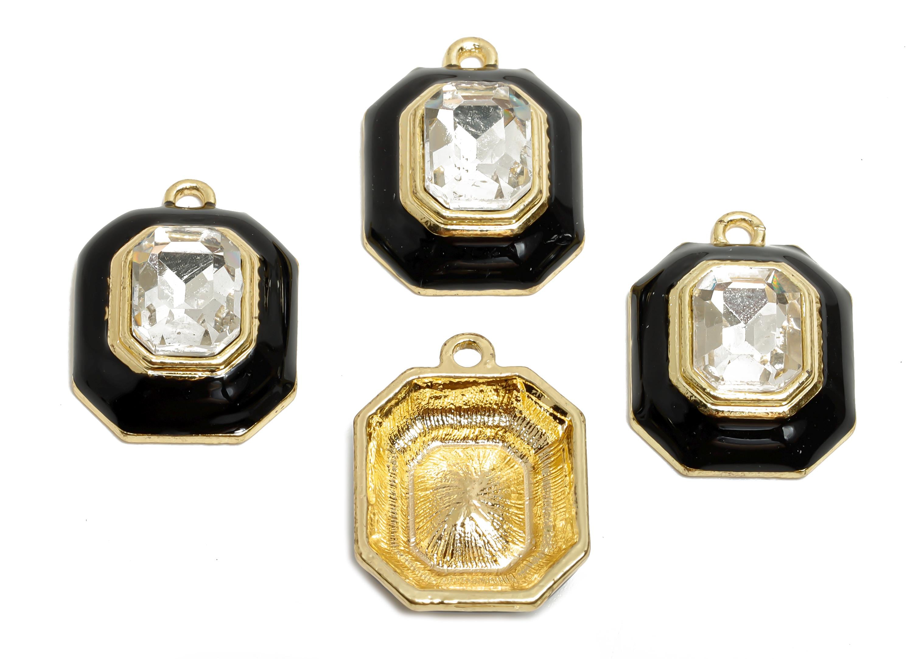 Alloy Octagon Pendant - Black Enamel Crystal Charm for Necklace - Dainty Geometric Charm for Jewelry - KC Gold Plated - 22x17x8mm - AC3543A - DOMEDBAZAAR