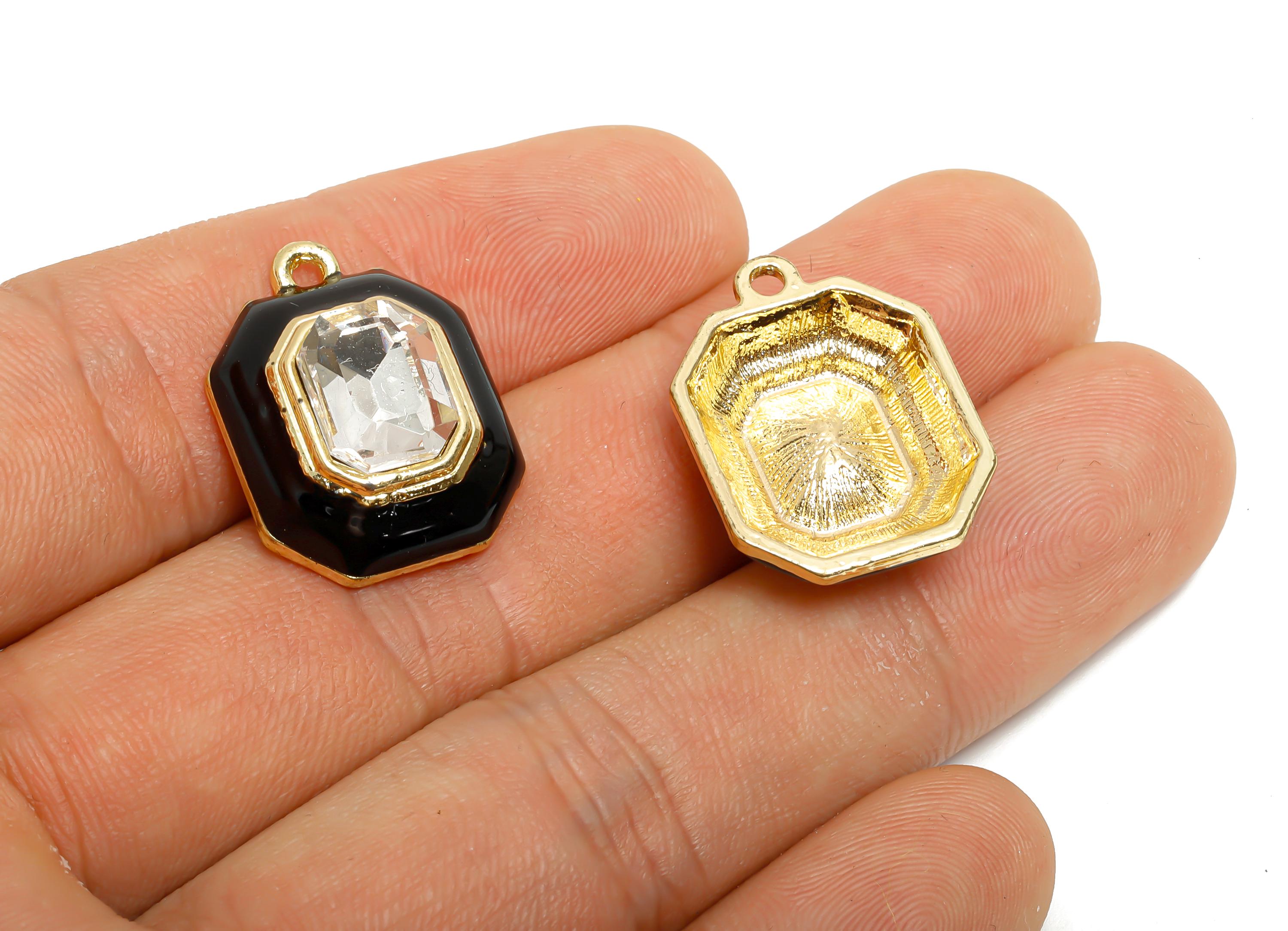 Alloy Octagon Pendant - Black Enamel Crystal Charm for Necklace - Dainty Geometric Charm for Jewelry - KC Gold Plated - 22x17x8mm - AC3543A - DOMEDBAZAAR