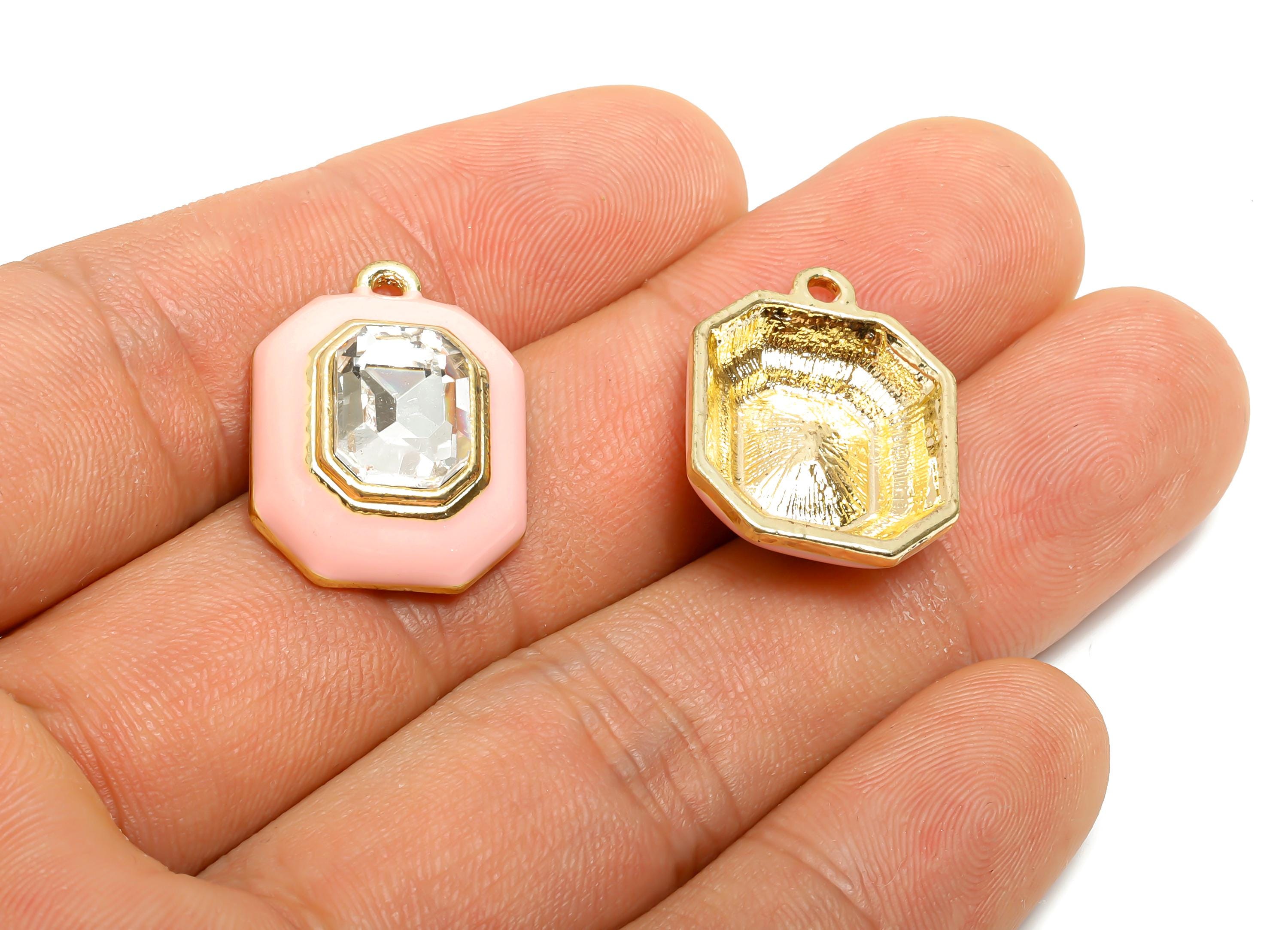Alloy Octagon Pendant - Pink Enamel Crystal Charm for Necklace - Dainty Geometric Charm for Jewelry - KC Gold Plated - 22x17x8mm - AC3543D - DOMEDBAZAAR