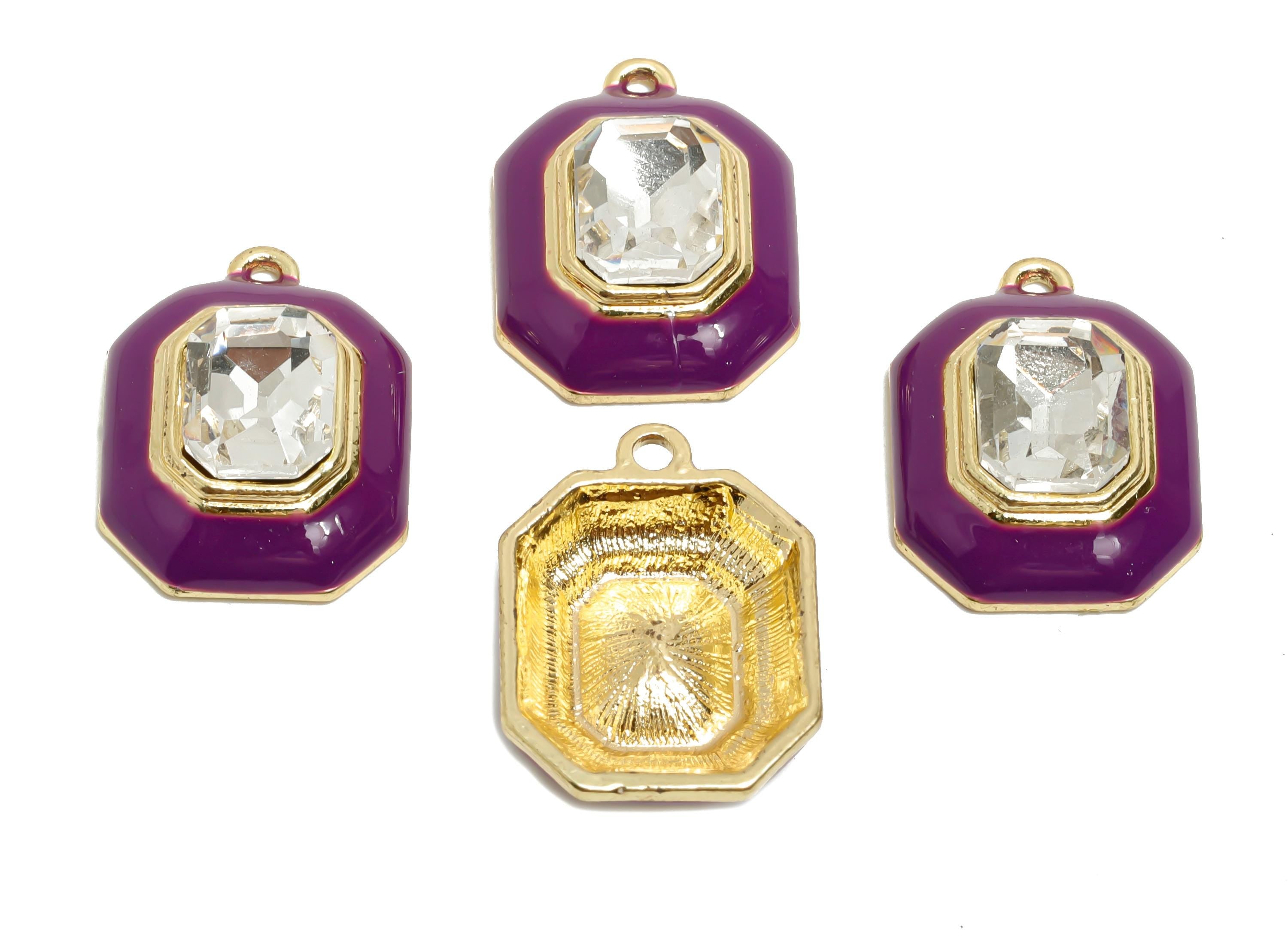 Alloy Octagon Pendant - Purple Enamel Crystal Charm for Necklace - Dainty Geometric Charm for Jewelry - KC Gold Plated - 22x17x8mm - AC3543E - DOMEDBAZAAR