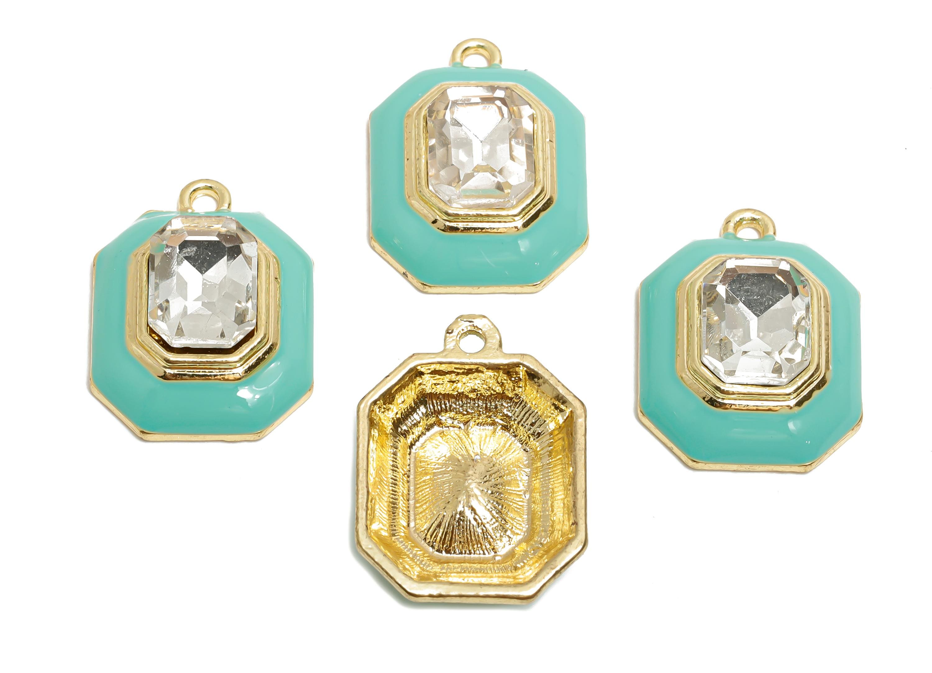 Alloy Octagon Pendant - Green Enamel Crystal Charm for Necklace - Dainty Geometric Charm for Jewelry - KC Gold Plated - 22x17x8mm - AC3543G - DOMEDBAZAAR
