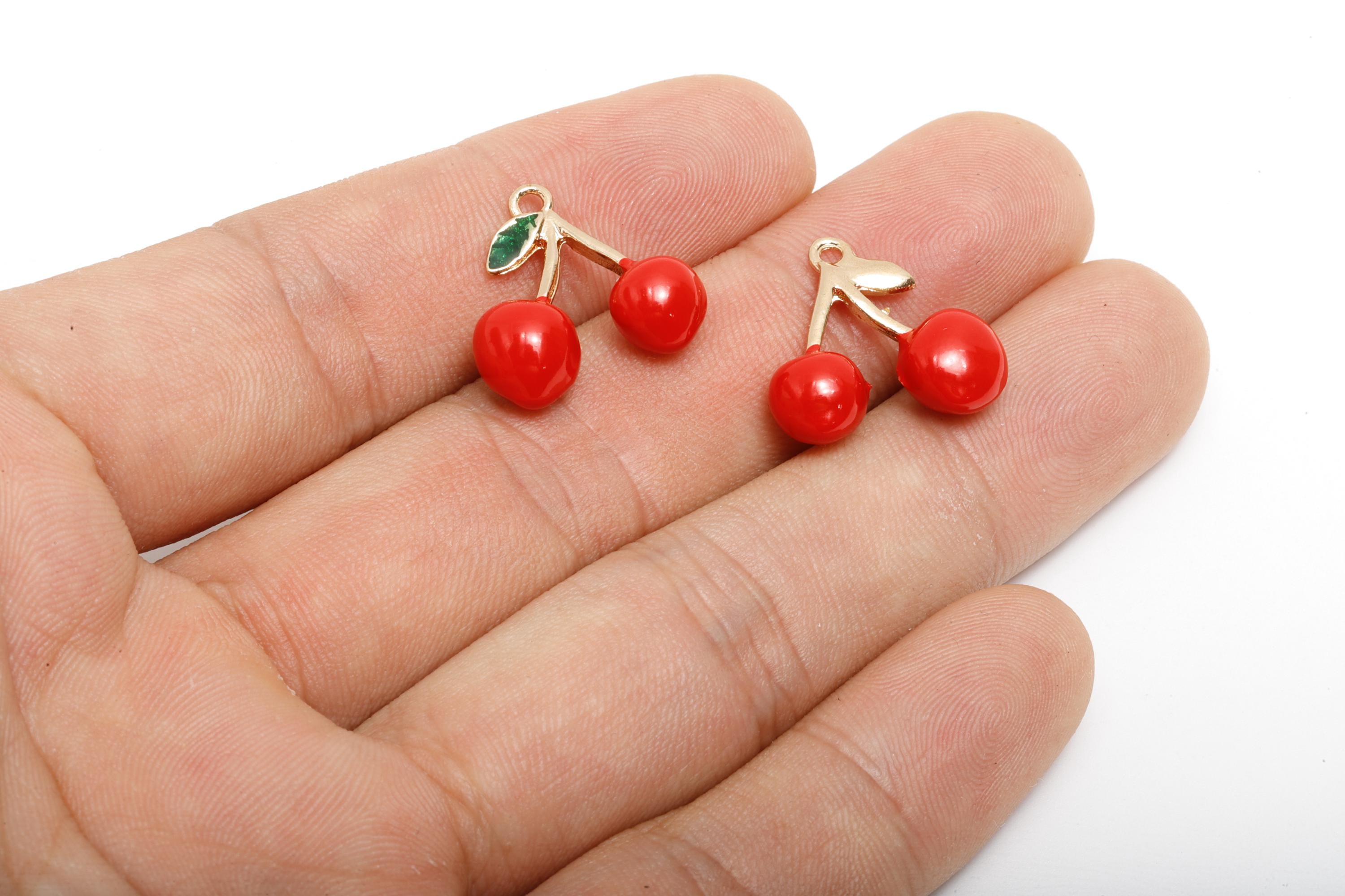 Alloy Enamel Cherry Charm - Double Cherry Jewelry Charm - Cherry Keychain Accessory - Cartoon Style Cherry Pendant - 17x17.59x7.29mm-AC3533 - DOMEDBAZAAR