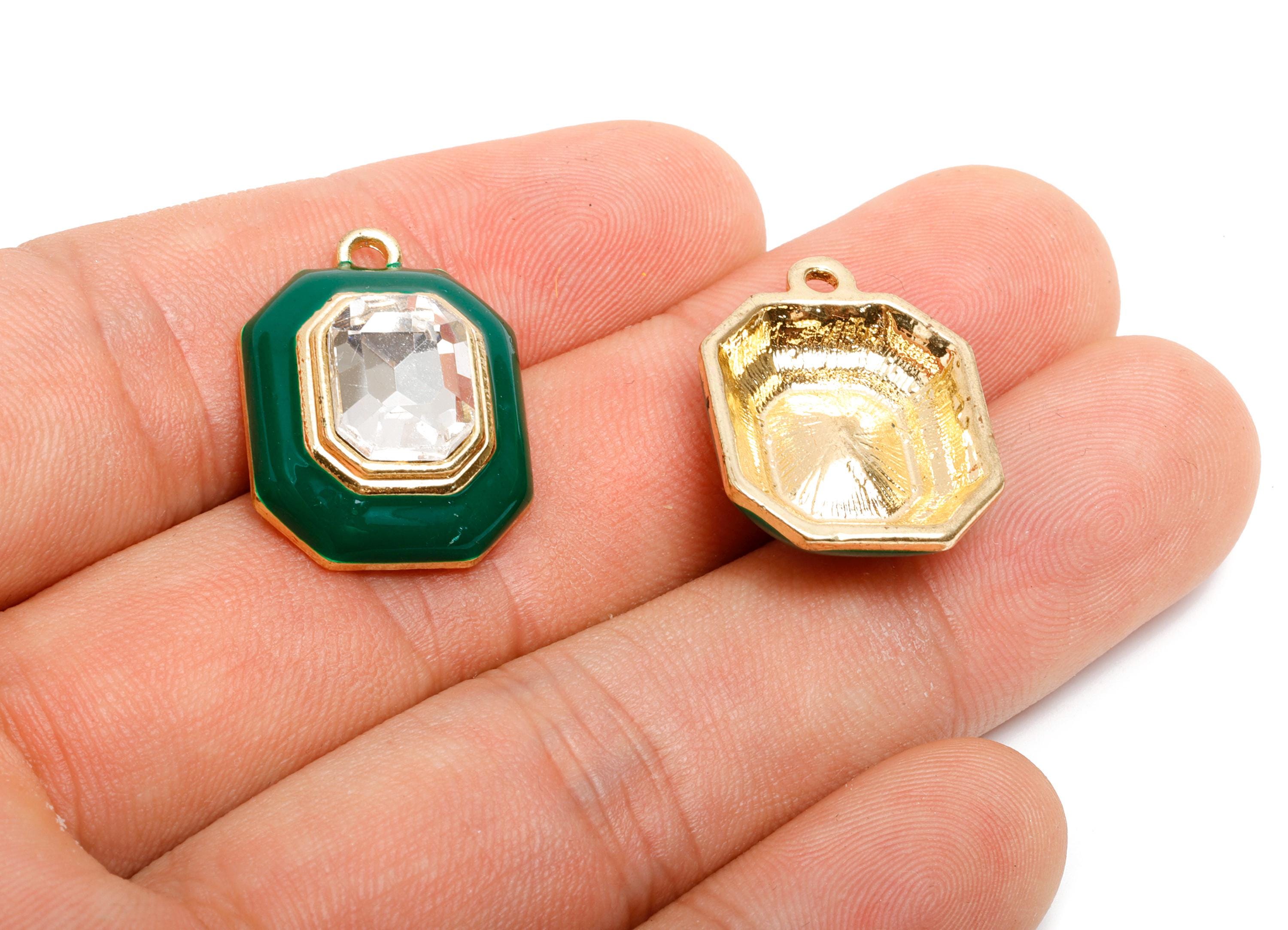 Alloy Octagon Pendant - Green Enamel Crystal Charm for Necklace - Dainty Geometric Charm for Jewelry - KC Gold Plated - 22x17x8mm - AC3543J - DOMEDBAZAAR