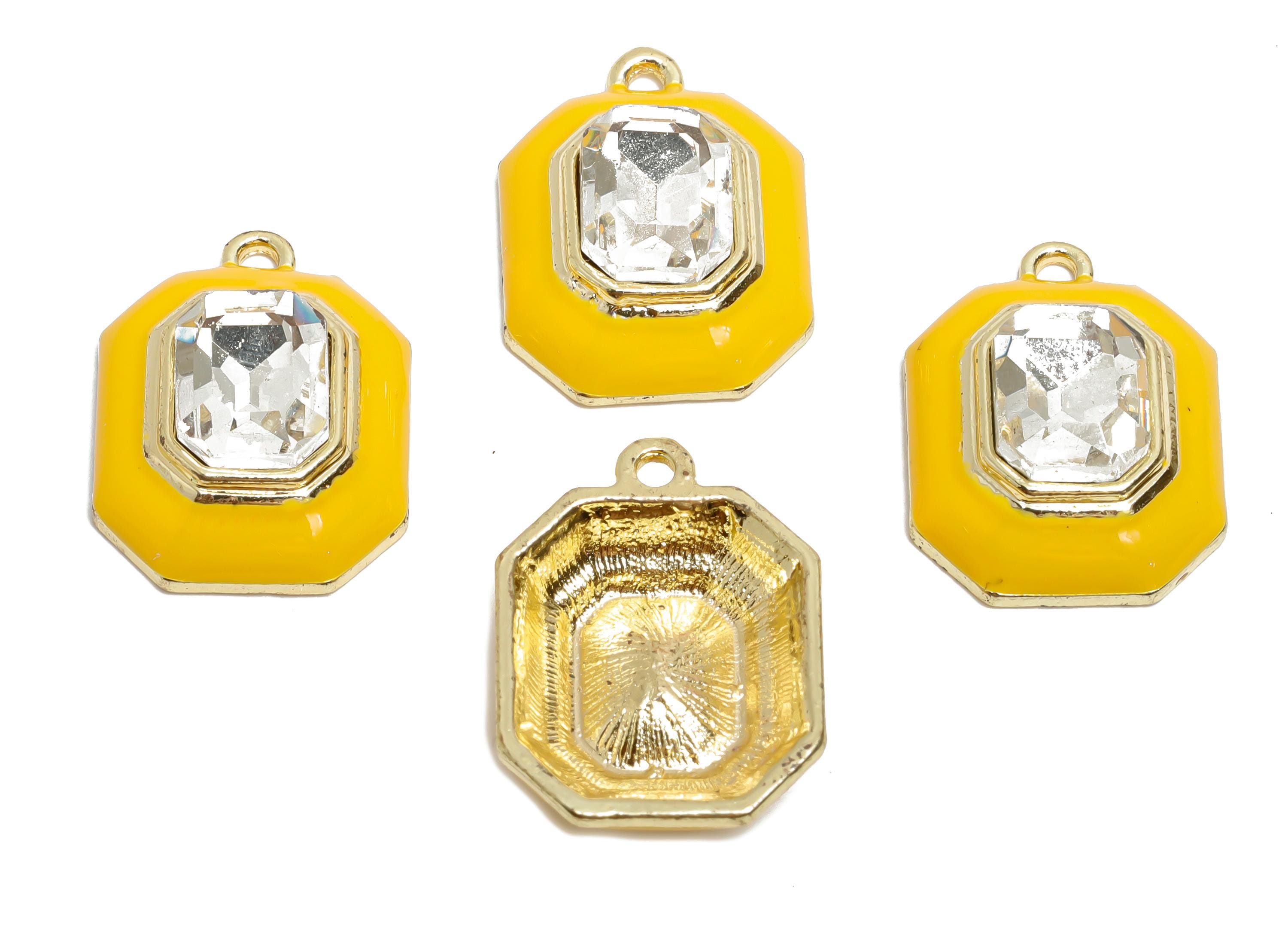 Alloy Octagon Pendant - Yellow Enamel Crystal Charm for Necklace - Dainty Geometric Charm for Jewelry - KC Gold Plated - 22x17x8mm - AC3543K - DOMEDBAZAAR