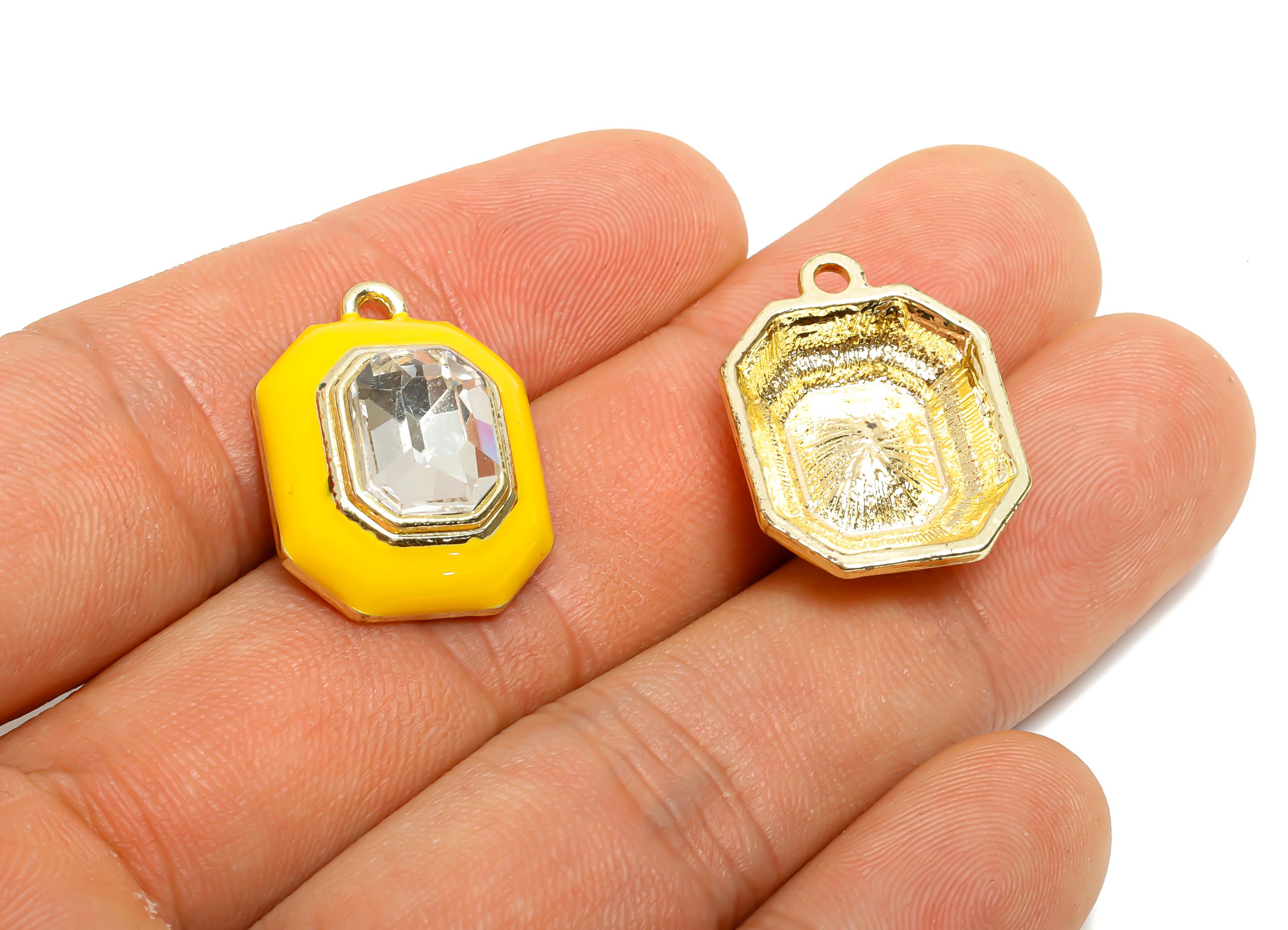 Alloy Octagon Pendant - Yellow Enamel Crystal Charm for Necklace - Dainty Geometric Charm for Jewelry - KC Gold Plated - 22x17x8mm - AC3543K - DOMEDBAZAAR