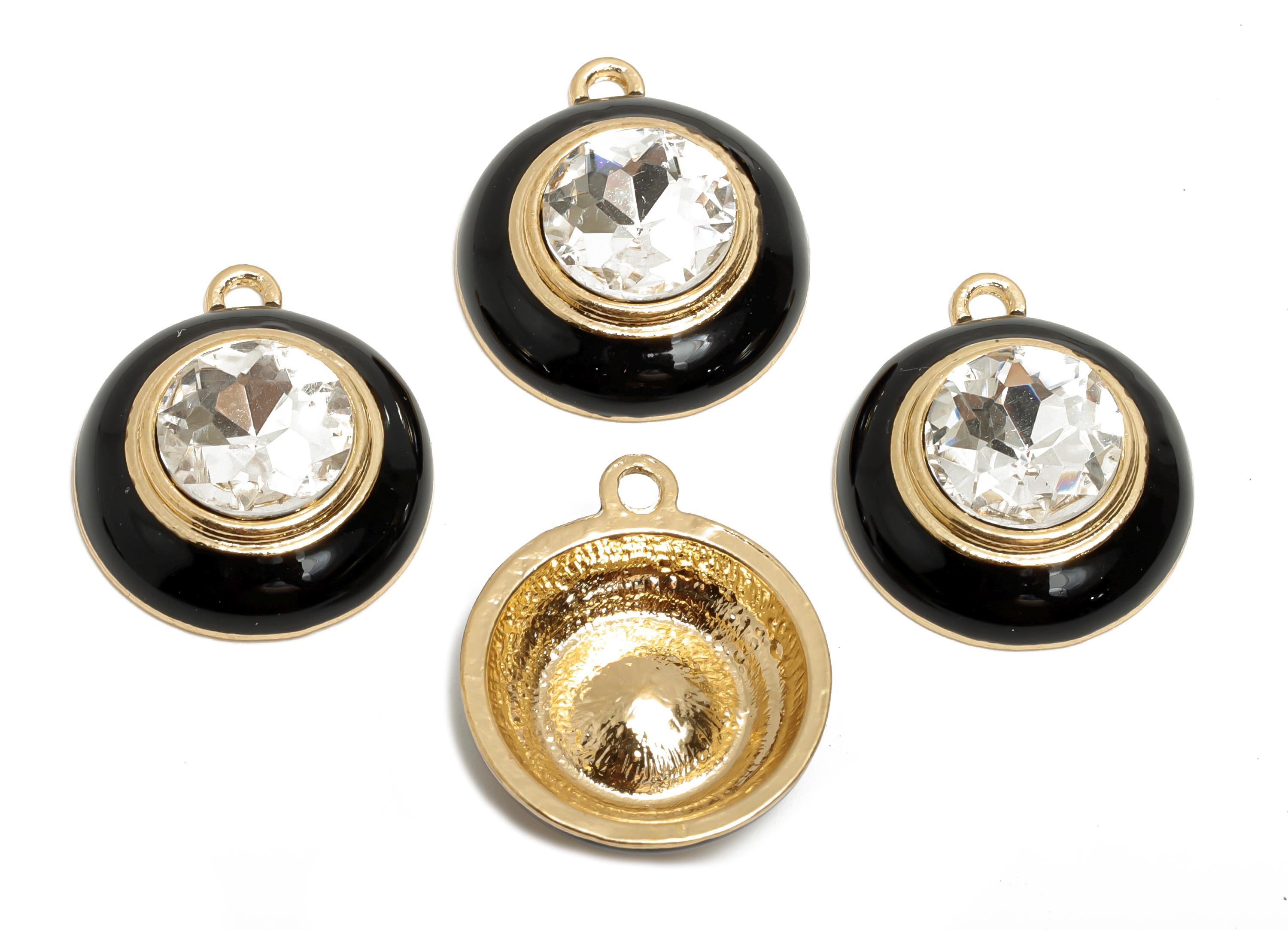 Alloy Round Crystal Pendant - Black Enamel Necklace Component - Elegant Geometric Charm for Jewelry - KC Gold Plated - 22x18x7mm - AC3542A - DOMEDBAZAAR