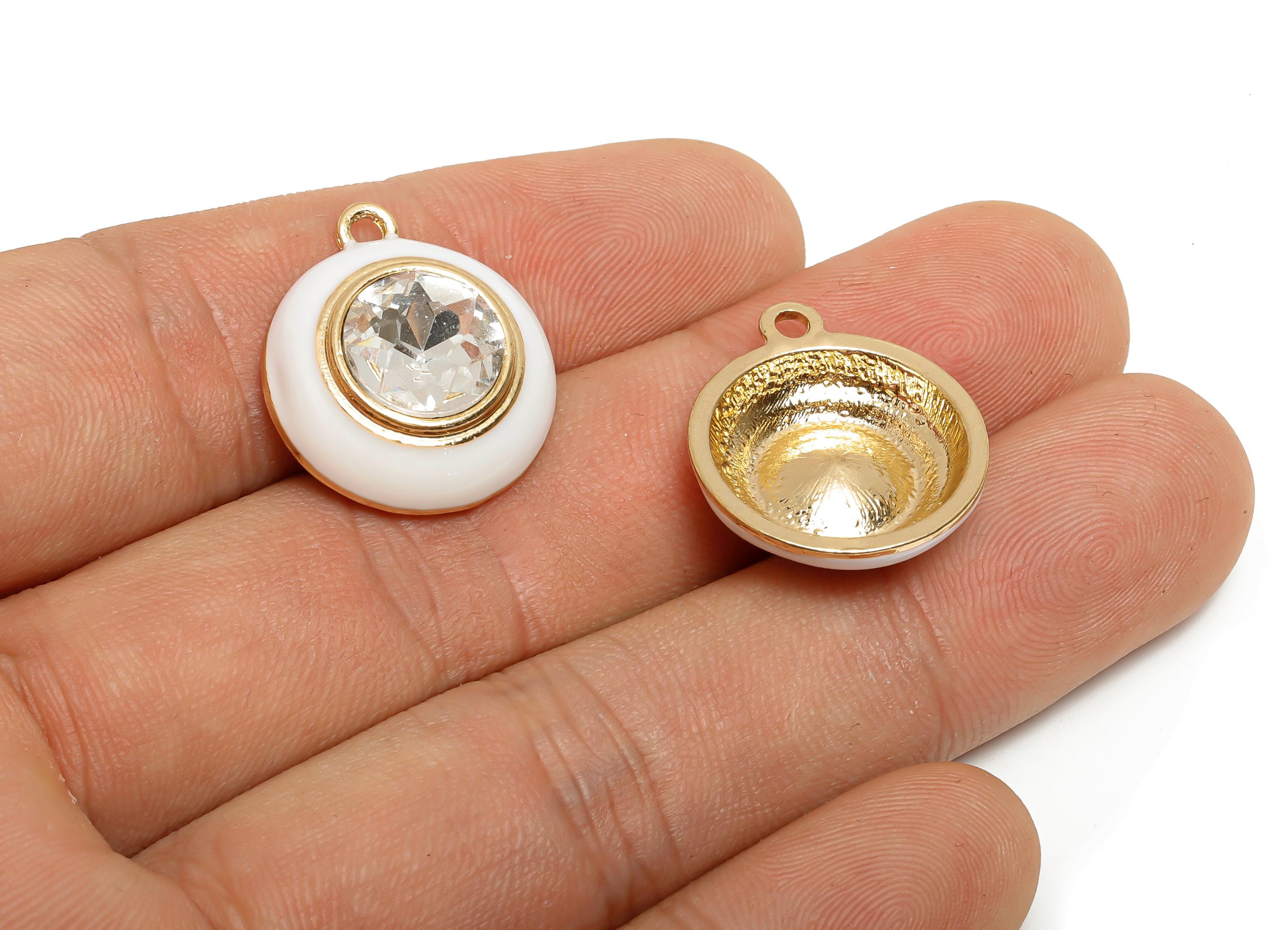 Alloy Round Crystal Pendant - White Enamel Necklace Component - Elegant Geometric Charm for Jewelry - KC Gold Plated - 22x18x7mm - AC3542C - DOMEDBAZAAR