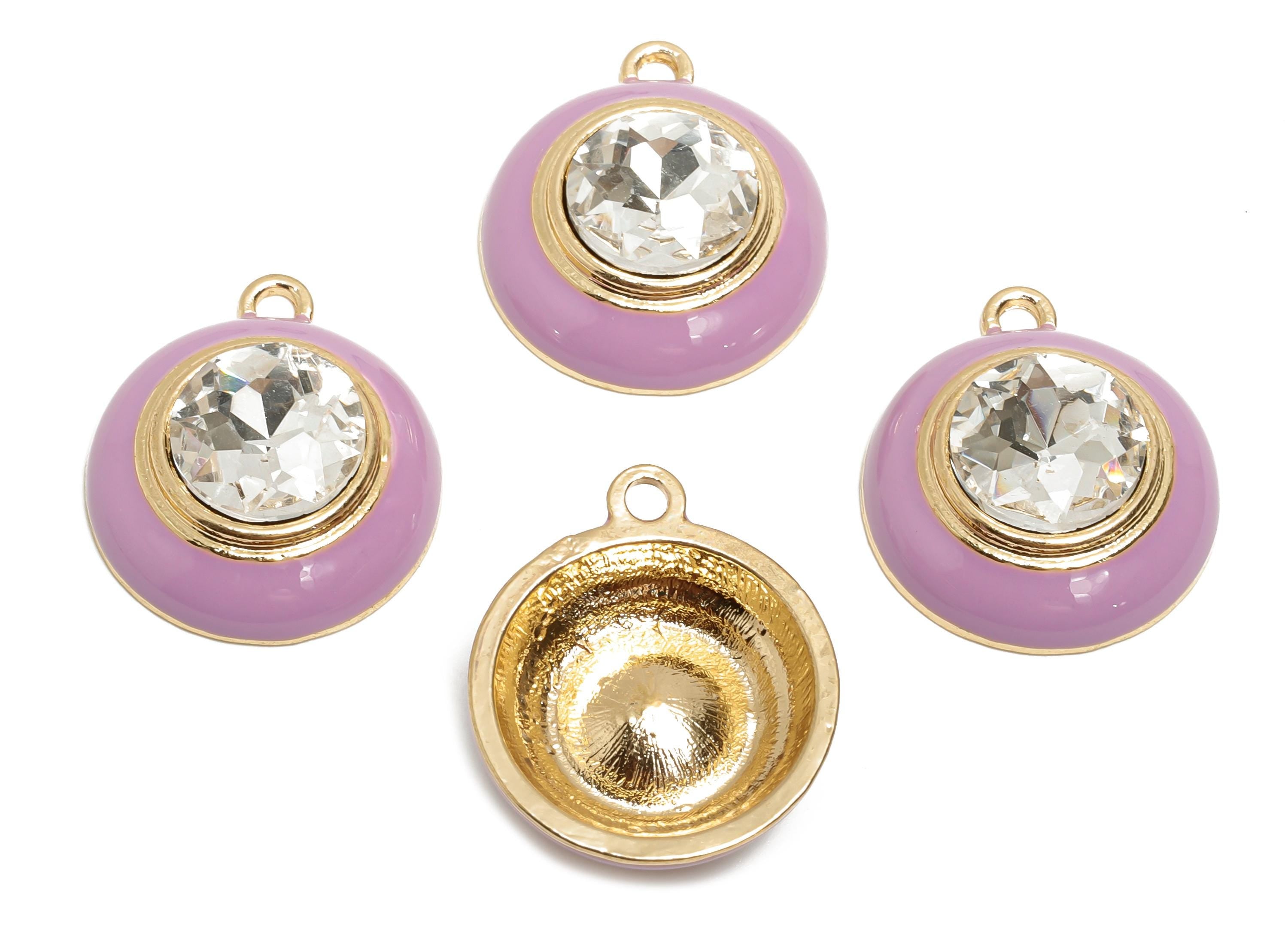 Alloy Round Crystal Pendant - Purple Enamel Necklace Component - Elegant Geometric Charm for Jewelry - KC Gold Plated - 22x18x7mm - AC3542E - DOMEDBAZAAR