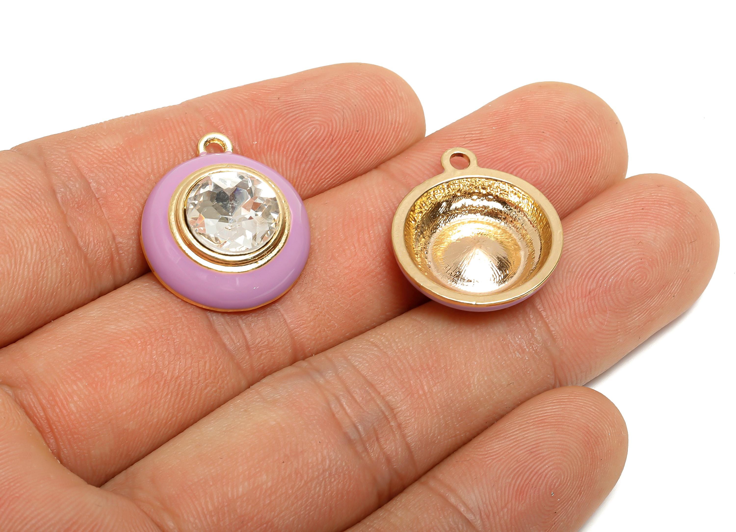 Alloy Round Crystal Pendant - Purple Enamel Necklace Component - Elegant Geometric Charm for Jewelry - KC Gold Plated - 22x18x7mm - AC3542E - DOMEDBAZAAR