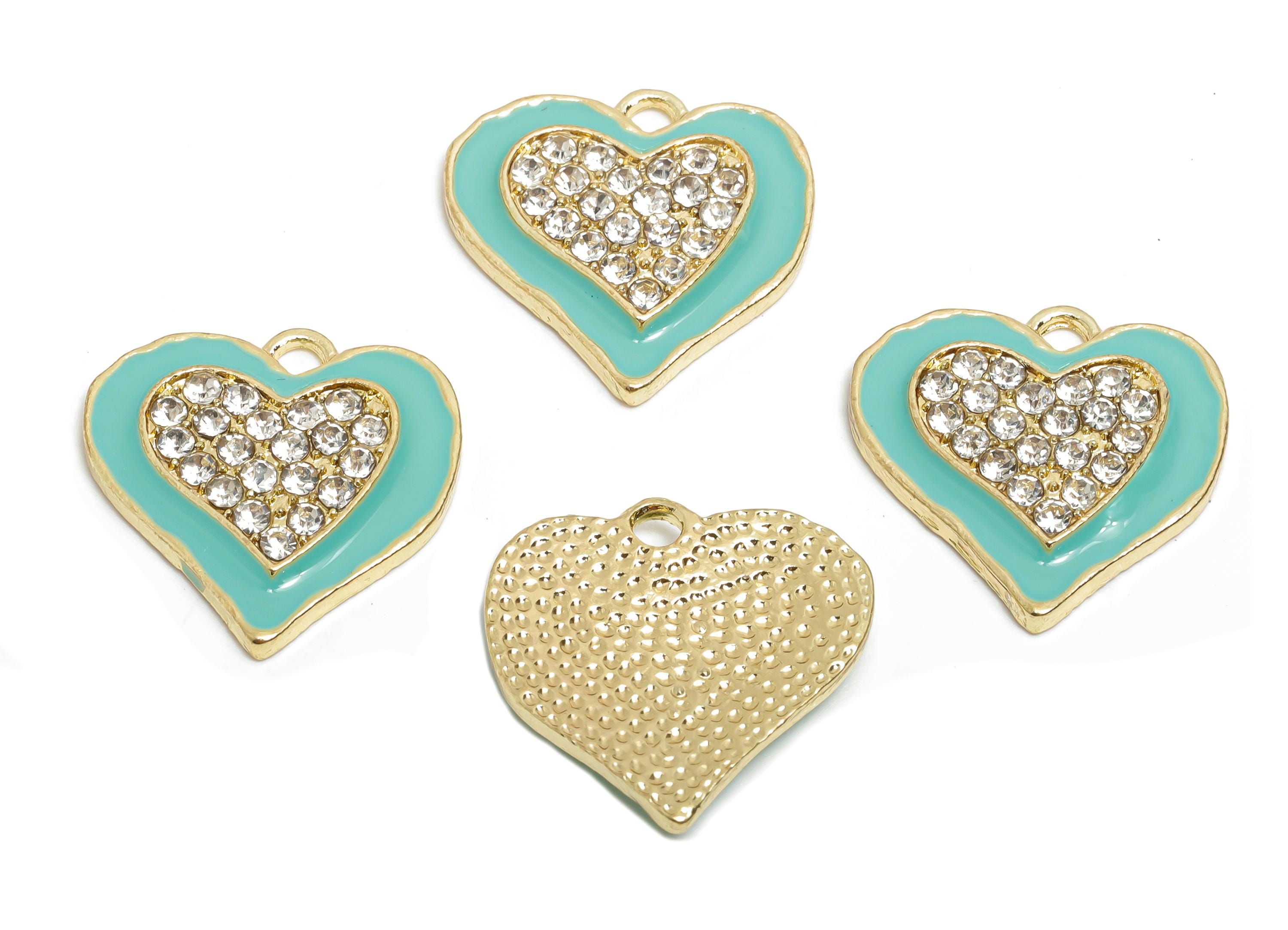 Alloy Enamel Heart Charm - Colorful Crystal Heart Green Jewelry - Sparkling Heart Accessory - Metal Craft Jewelry Making - 20x19x3mm-AC3522C - DOMEDBAZAAR
