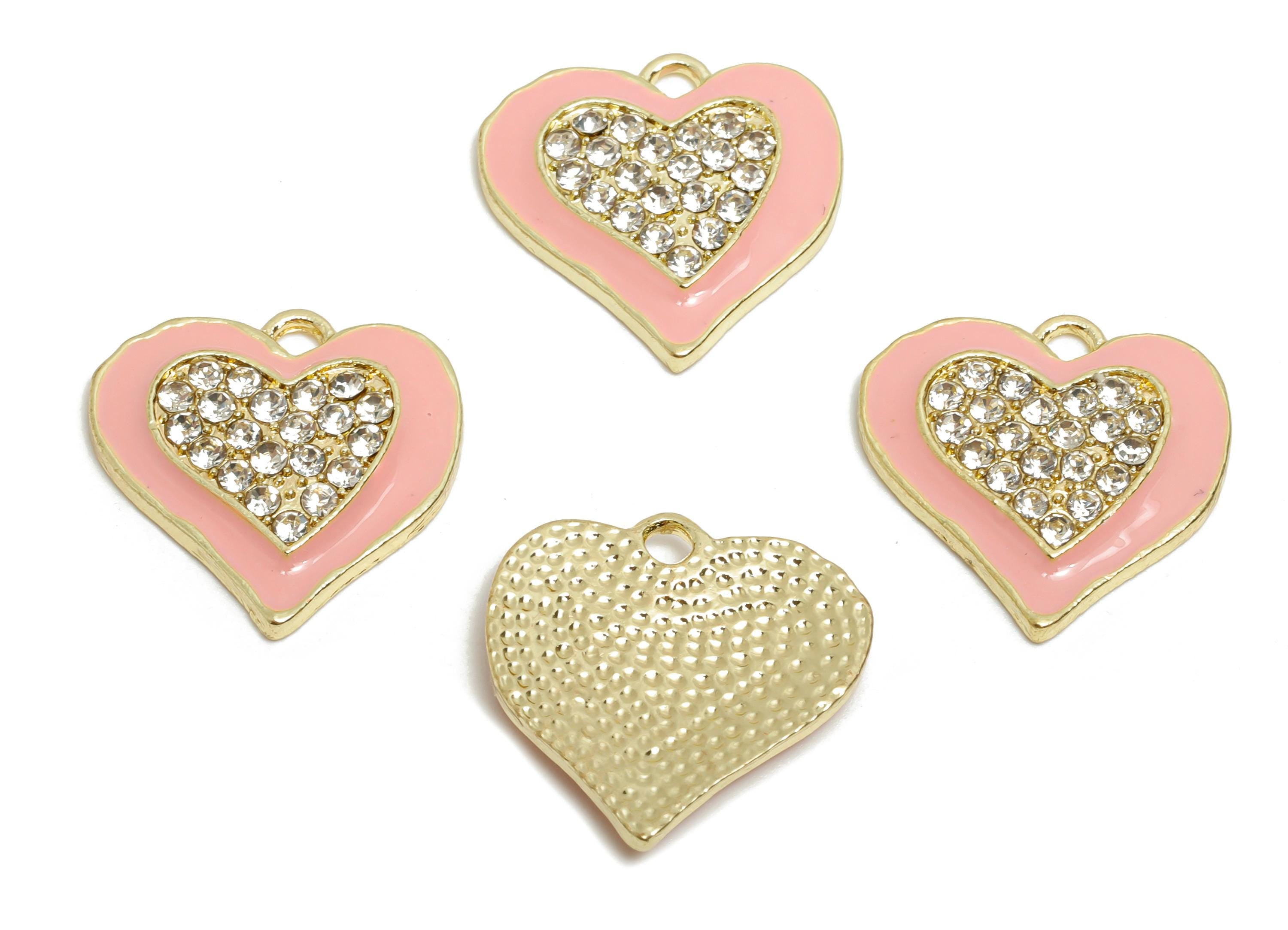 Alloy Enamel Heart Charm - Colorful Crystal Heart Pink Jewelry - Sparkling Heart Accessory - Metal Craft Jewelry Making - 20x19x3mm-AC3521B - DOMEDBAZAAR