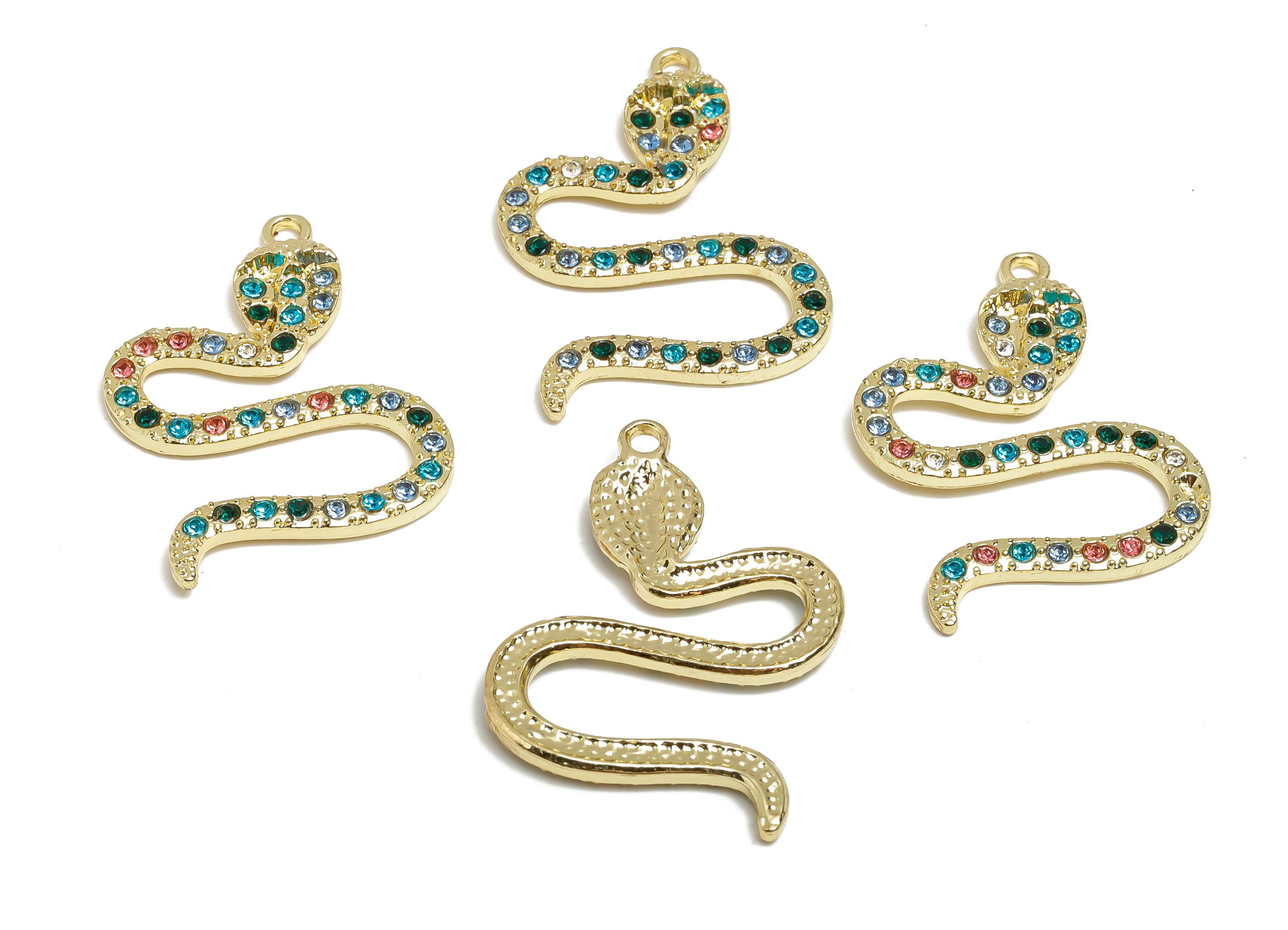 Alloy Snake Charm Pendant - Sparkling Colorful Snake Charm - DIY Crystal Snake Jewelry Supply - Craft Jewelry Making - 37x27x3.5mm - AC3531 - DOMEDBAZAAR