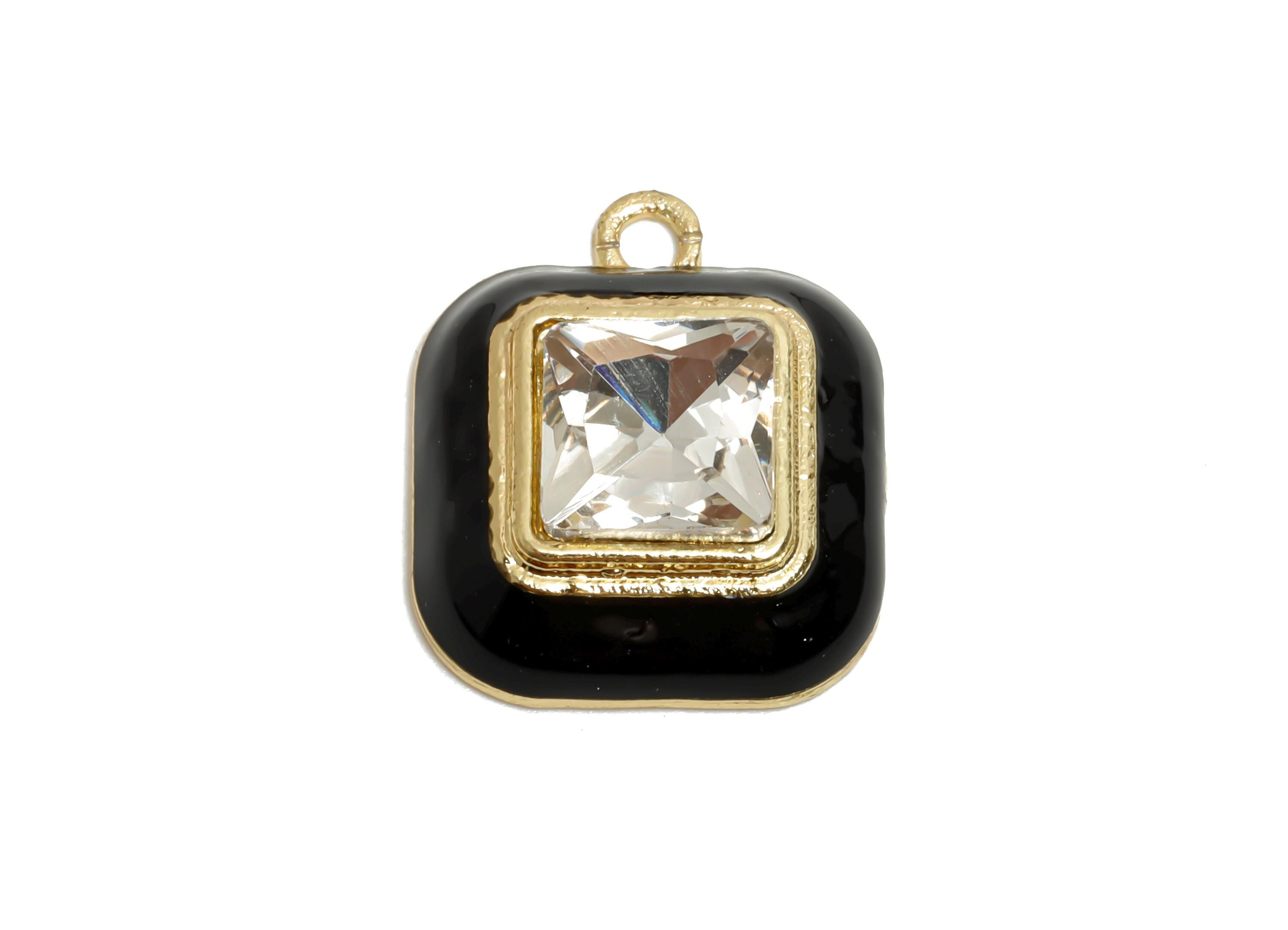 Alloy Square Crystal Pendant - Black Enamel Necklace Component - Gold Frame Geometric Jewelry - KC Gold Plated - 20x16.9x6.84mm - AC3544A - DOMEDBAZAAR