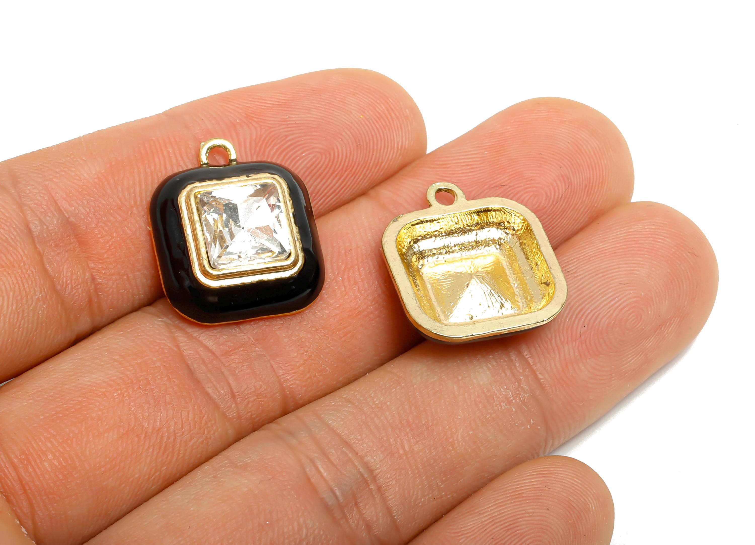 Alloy Square Crystal Pendant - Black Enamel Necklace Component - Gold Frame Geometric Jewelry - KC Gold Plated - 20x16.9x6.84mm - AC3544A - DOMEDBAZAAR