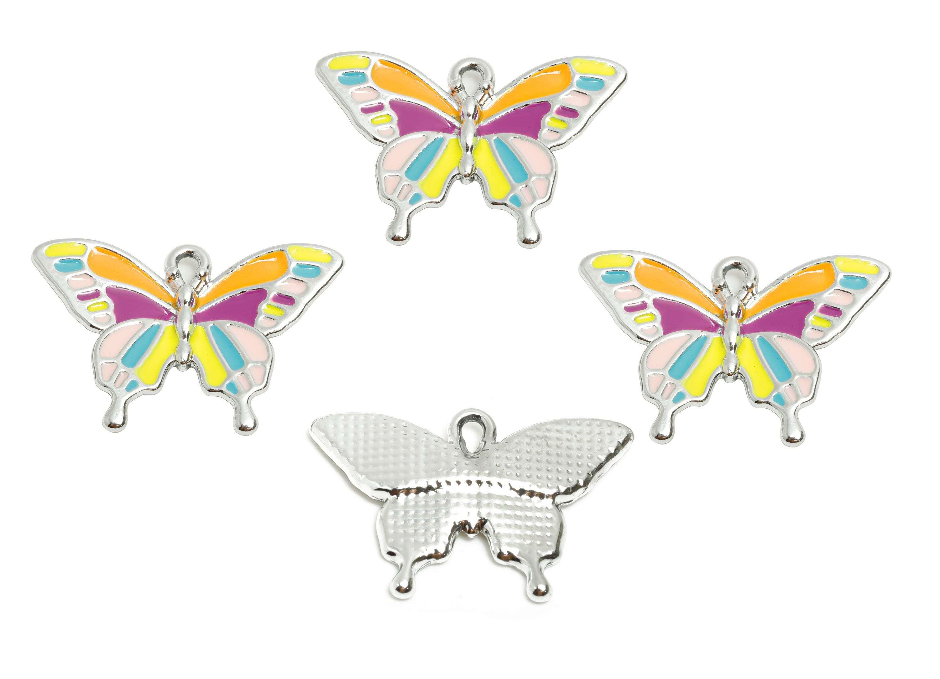 Alloy Enamel Butterfly Charm - Colorful Butterfly Jewelry Charm - Whimsical Rainbow Wing Jewelry - Silver Tone Plating - 28x19x3mm - AC3520C - DOMEDBAZAAR