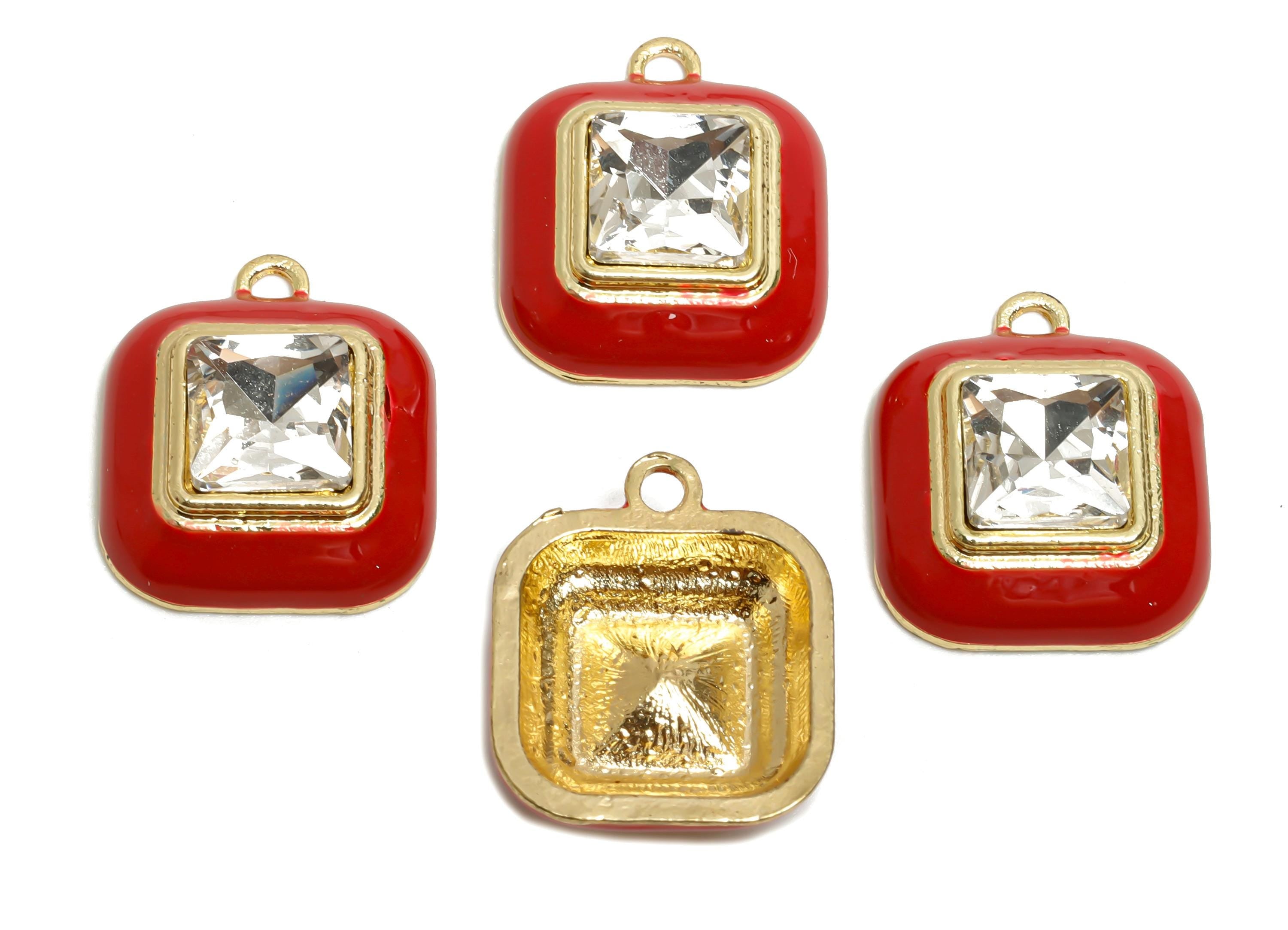 Alloy Red Square Crystal Pendant - Enamel Charms for Necklace DIY - Elegant Jewelry Accessory - KC Gold Plated - 20x16.9x6.84mm - AC3544B - DOMEDBAZAAR