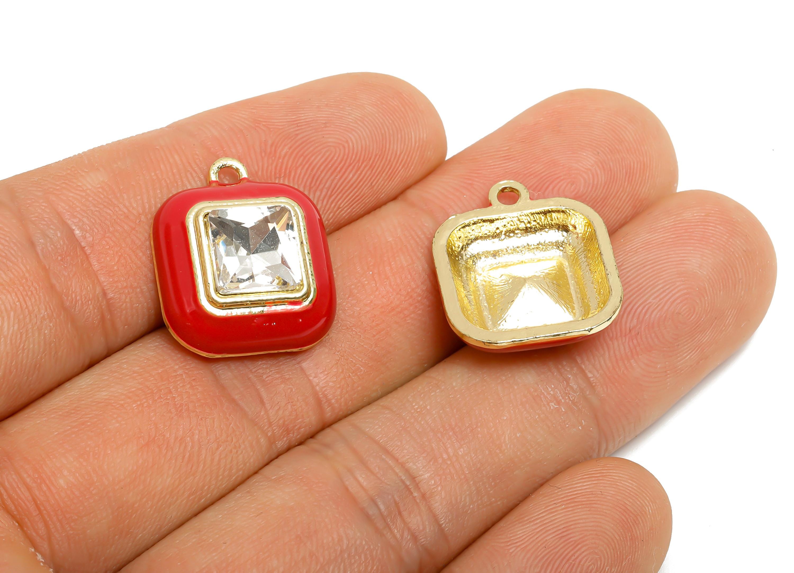 Alloy Red Square Crystal Pendant - Enamel Charms for Necklace DIY - Elegant Jewelry Accessory - KC Gold Plated - 20x16.9x6.84mm - AC3544B - DOMEDBAZAAR