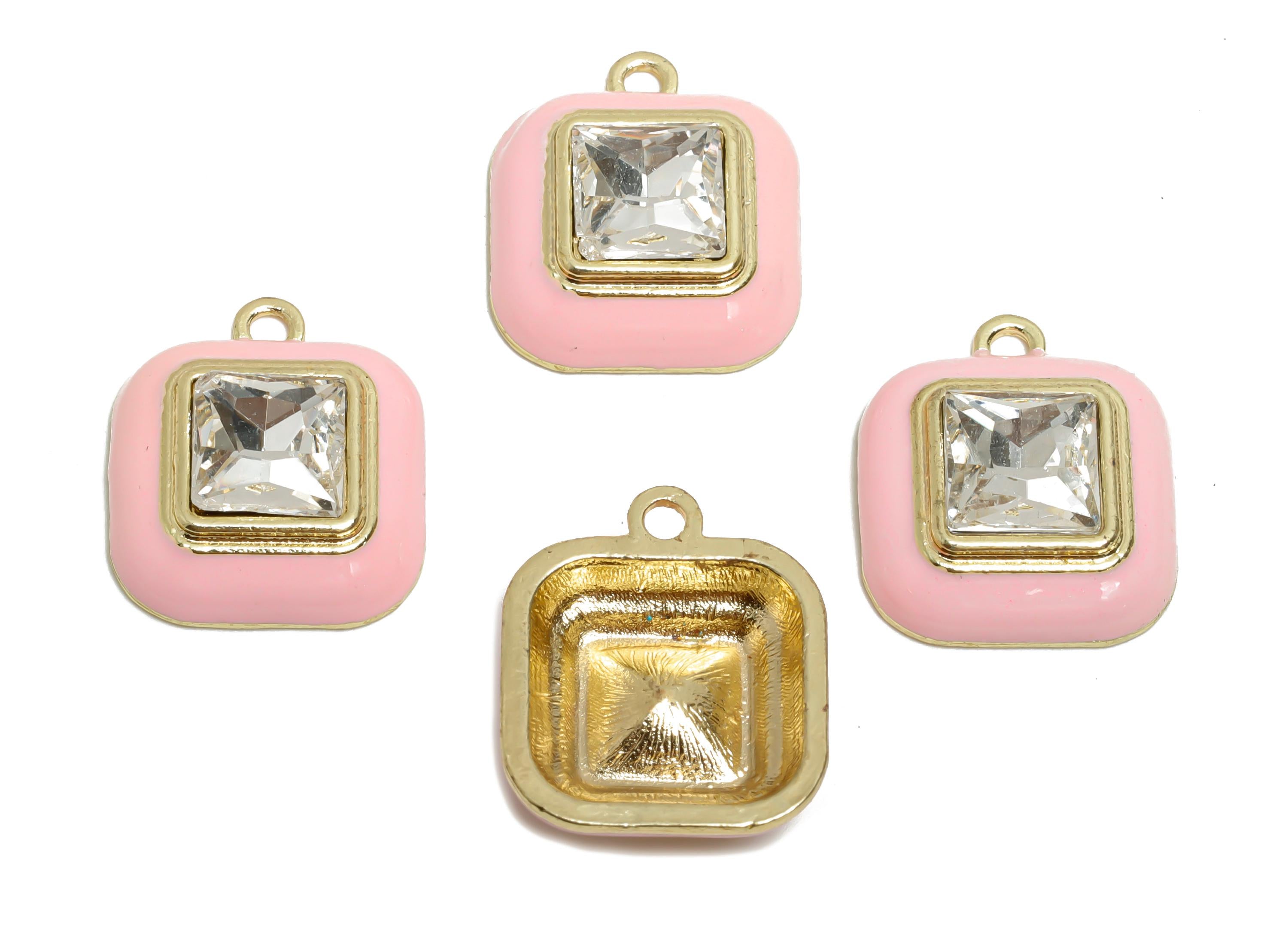 Alloy Square Crystal Pendant - Sparkling Pink Enamel Pendant - Geometric Jewelry Making Supplies - KC Gold Plated - 20x16.9x6.84mm - AC3544C - DOMEDBAZAAR