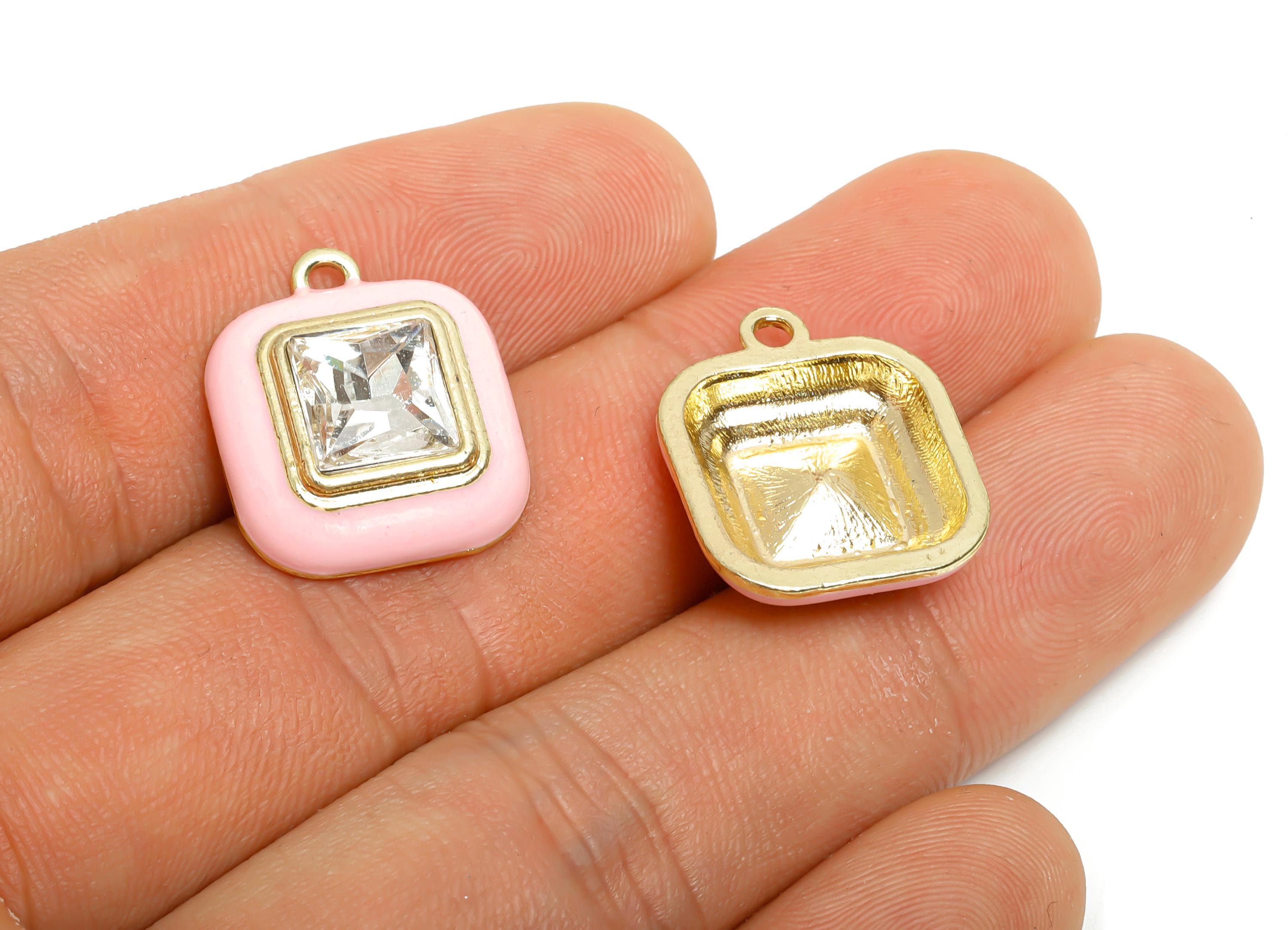 Alloy Square Crystal Pendant - Sparkling Pink Enamel Pendant - Geometric Jewelry Making Supplies - KC Gold Plated - 20x16.9x6.84mm - AC3544C - DOMEDBAZAAR