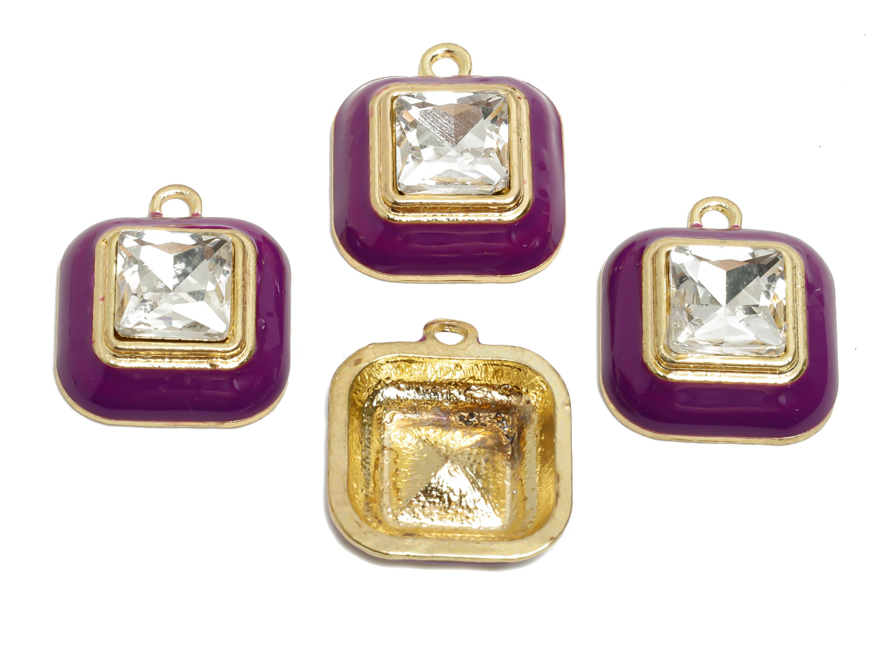 Alloy Square Crystal Pendant - Purple Enamel Crafting Pendant - Statement Alloy Component - KC Gold Tone Plated - 20x16.9x6.84mm - AC3544D - DOMEDBAZAAR