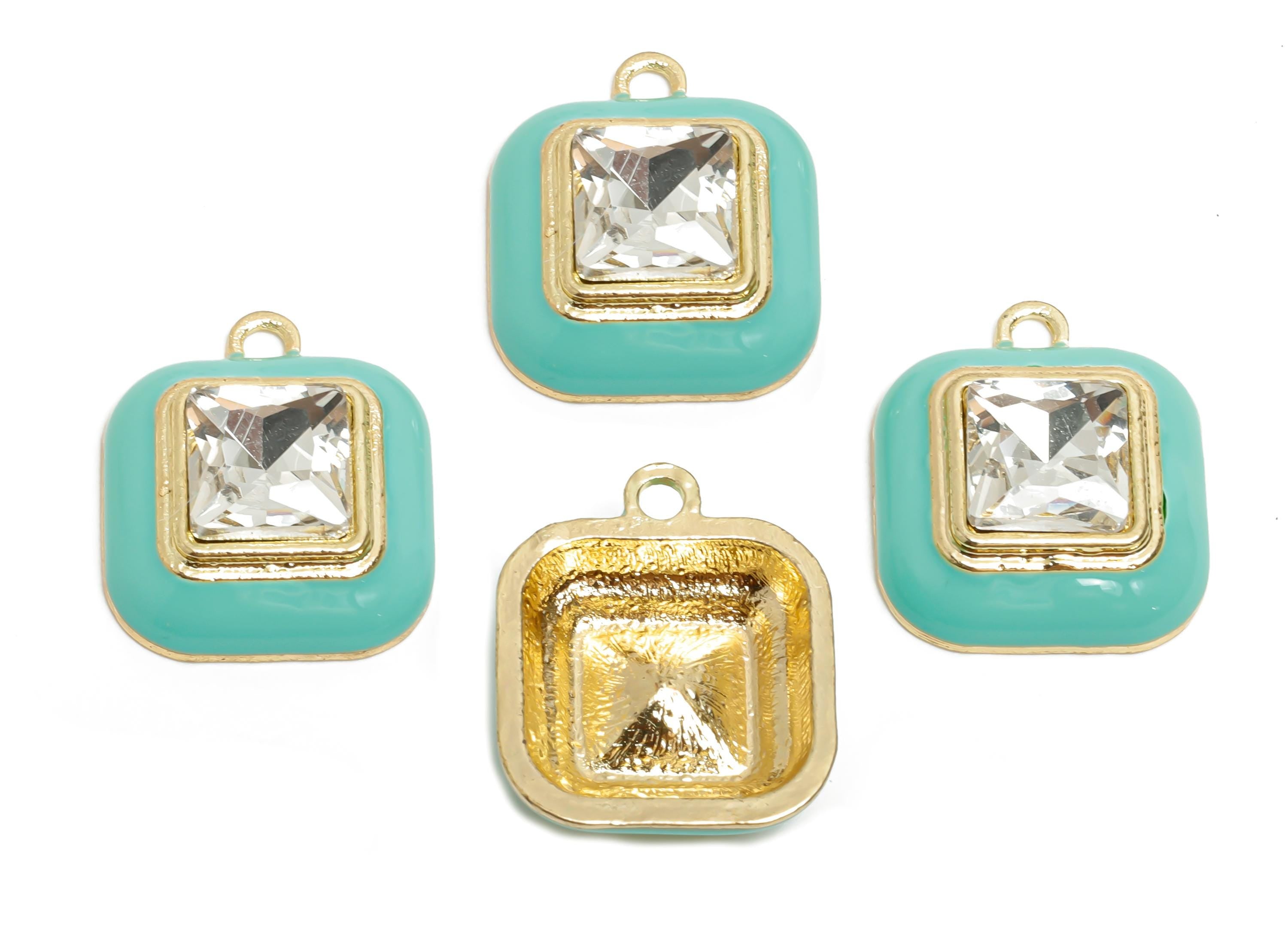 Alloy Square Crystal Pendant - Green Enamel Jewelry Piece - Crafting Supplies - Elegant Pendant - KC Gold Plated - 20x16.9x6.84mm - AC3544F - DOMEDBAZAAR