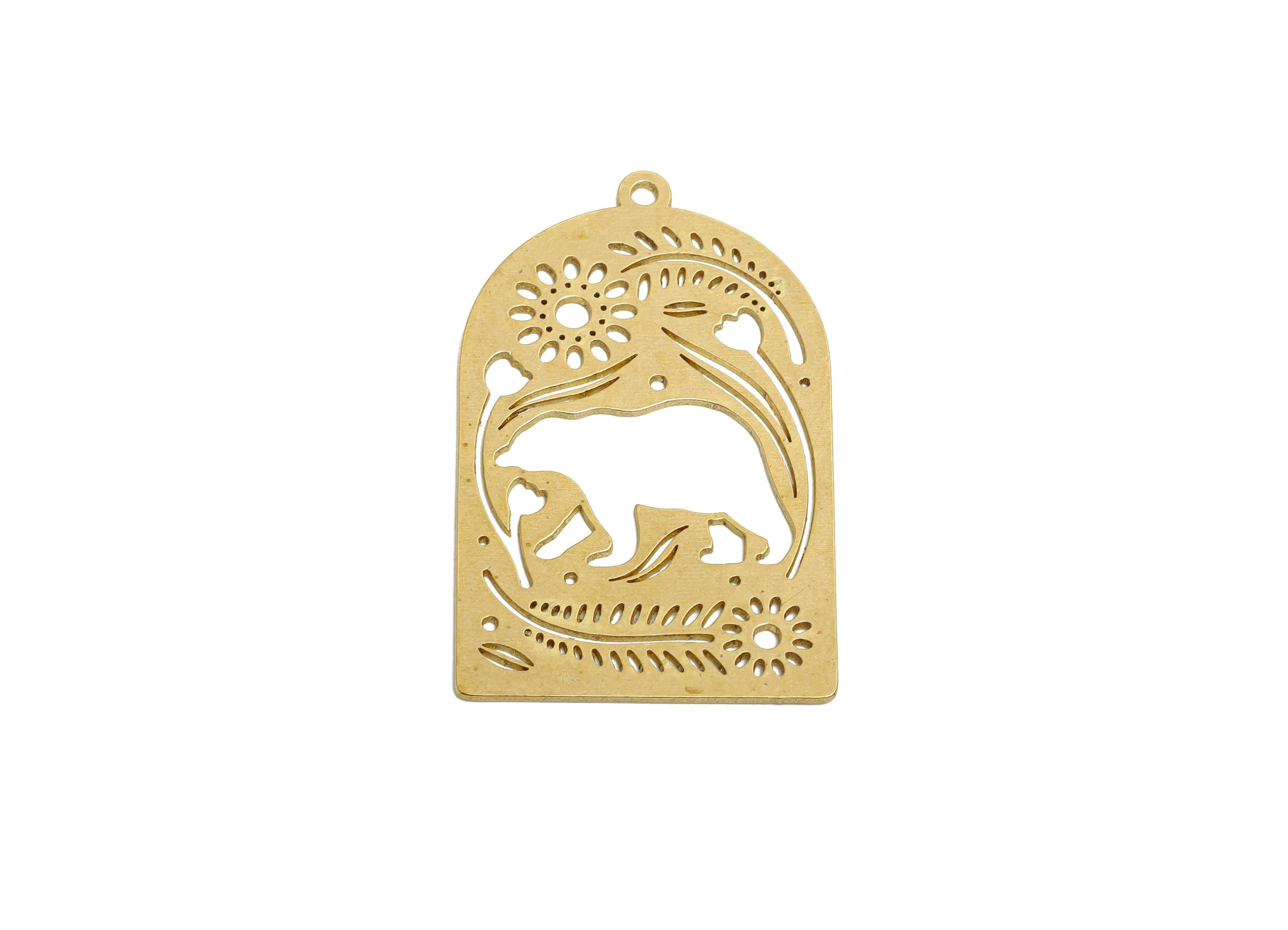 Raw Brass Bear Pendant - Brass Hollow Floral Animal Charm - Hollow Cut Brass Charm - Nature Jewelry Making - 36x22.4x0.7mm - PP11510 - DOMEDBAZAAR