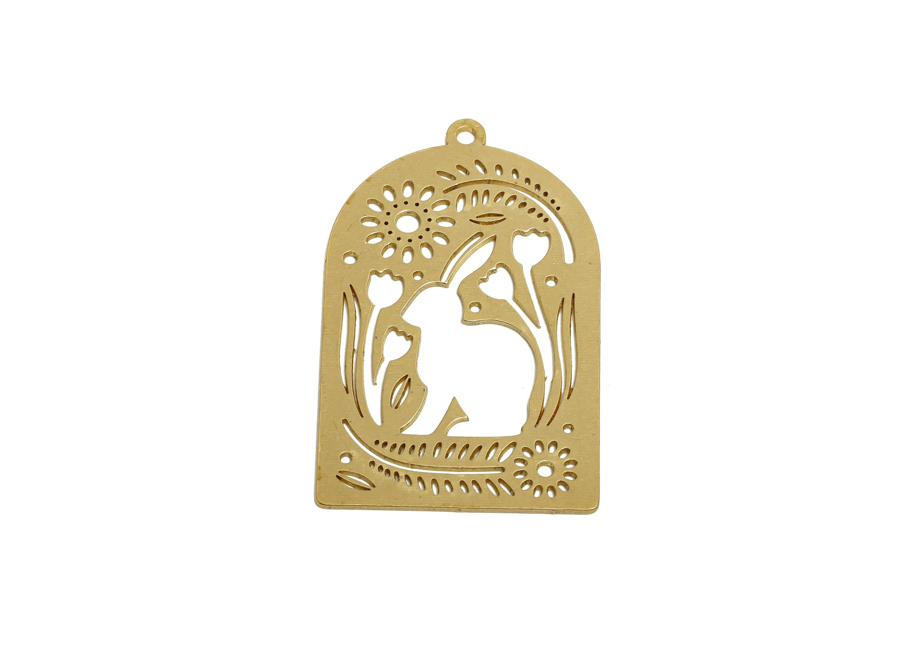 Raw Brass Rabbit Pendant - Brass Hollow Forest Animal Charm - Hollow Cut Brass Charm - Nature Jewelry Making - 36x22.4x0.7mm - PP11512 - DOMEDBAZAAR